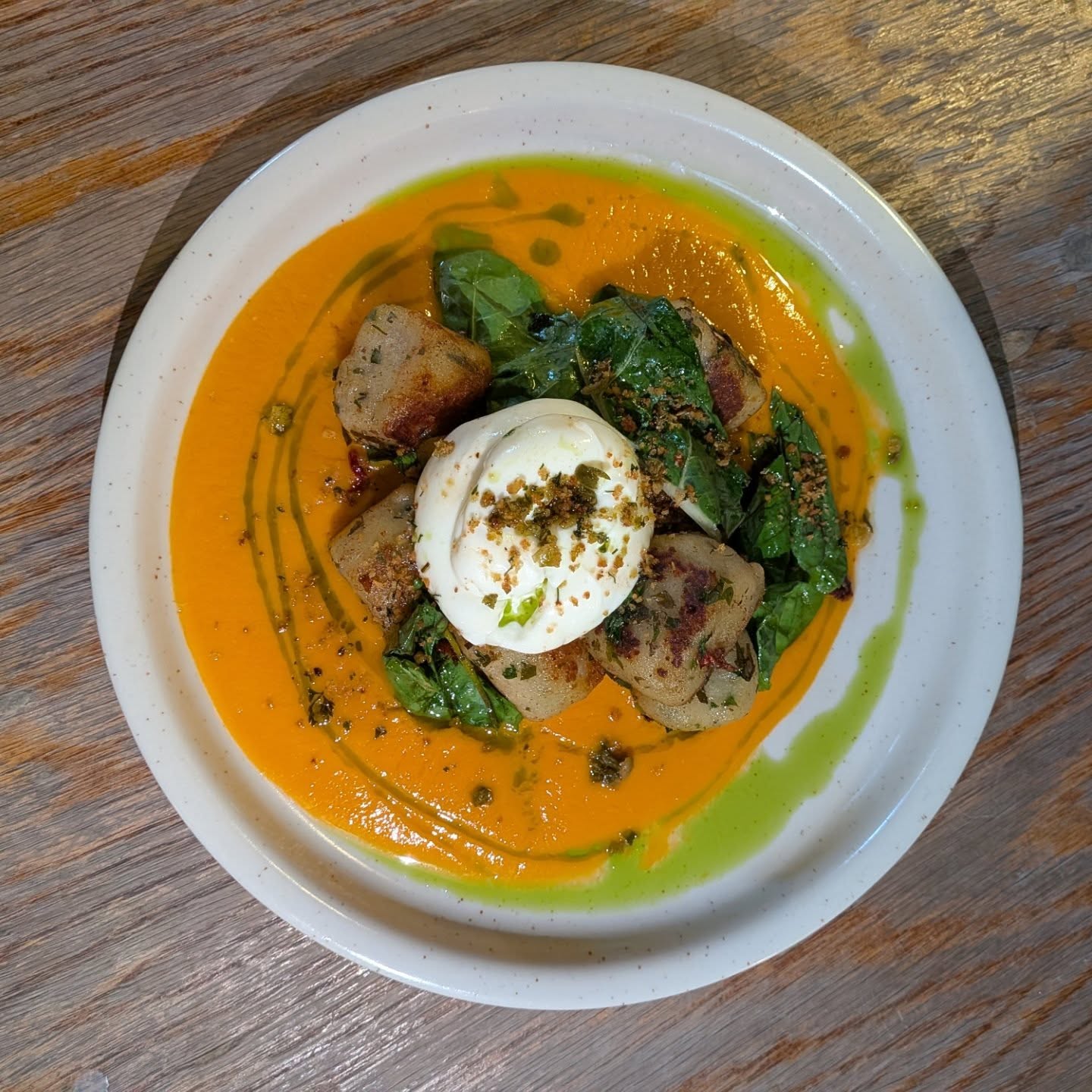New addition to our evening menu ☀️ Pan Fried Gnocchi, Burrata, Fermented Tomato Sauce, Crispy Capers, Chard & Basil Oil #bristolfoodscene #britishpub #handmade