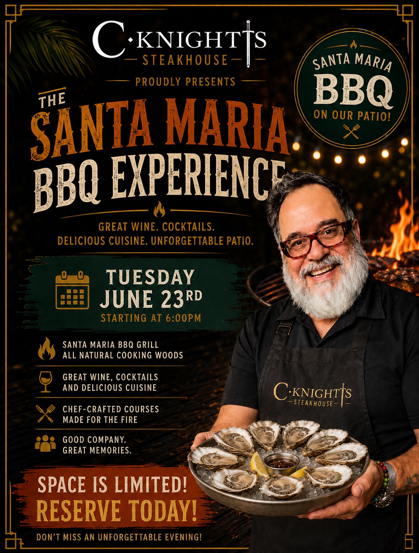 Reserve your seat today for The Santa Maria BBQ experience! Join Chef Charles on the patio for cool refreshing drinks and delicious sizzling cuisine. June 23rd | Reserve online today
.
#cknightssteakhouse #bbq