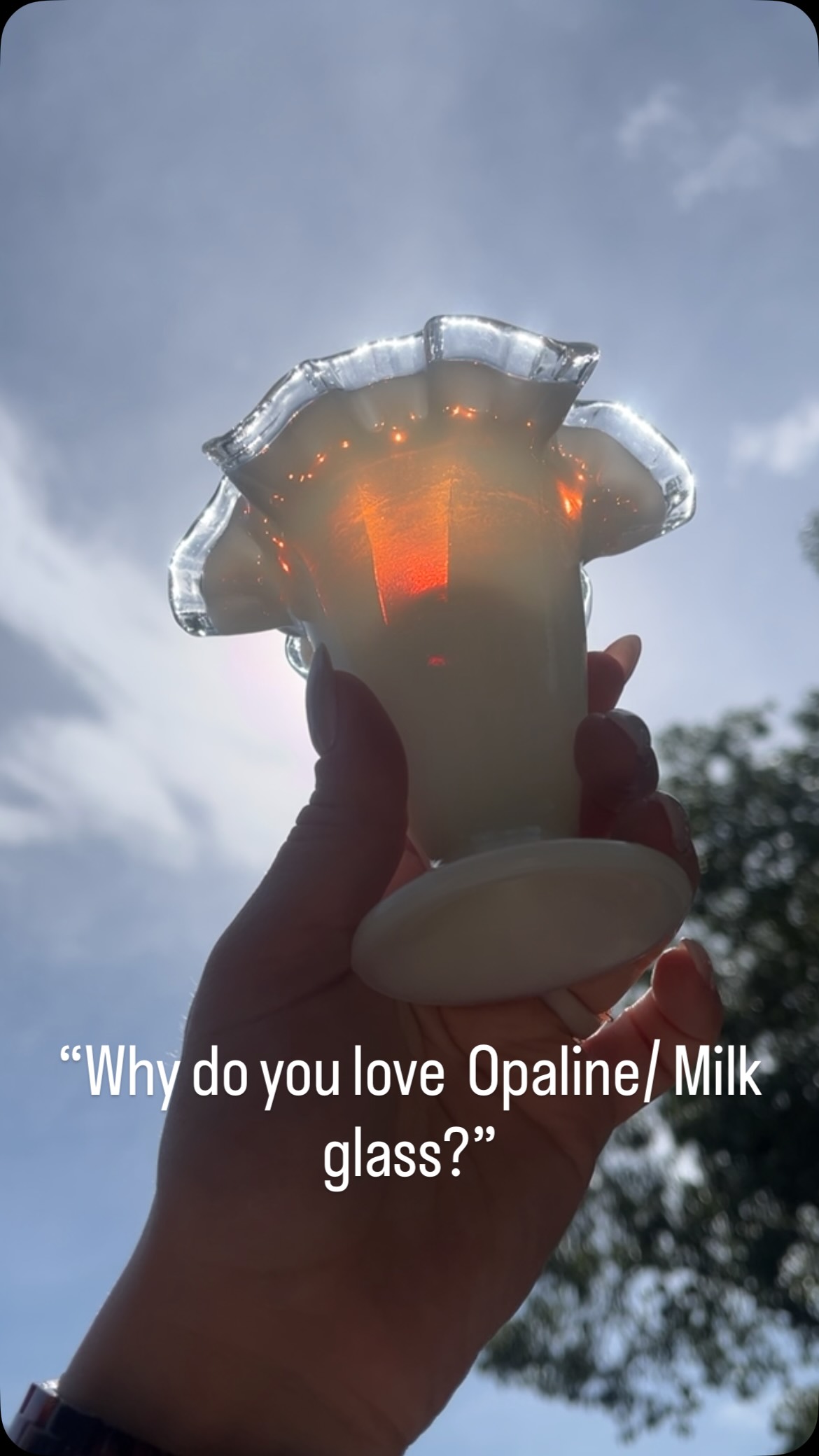 Summer is here and the sun is out in Smithville! ☀️😎Did you know true opaline/milk glass glows red in the light? #glassnook #glassnooksmithville #vintageglass #summertime