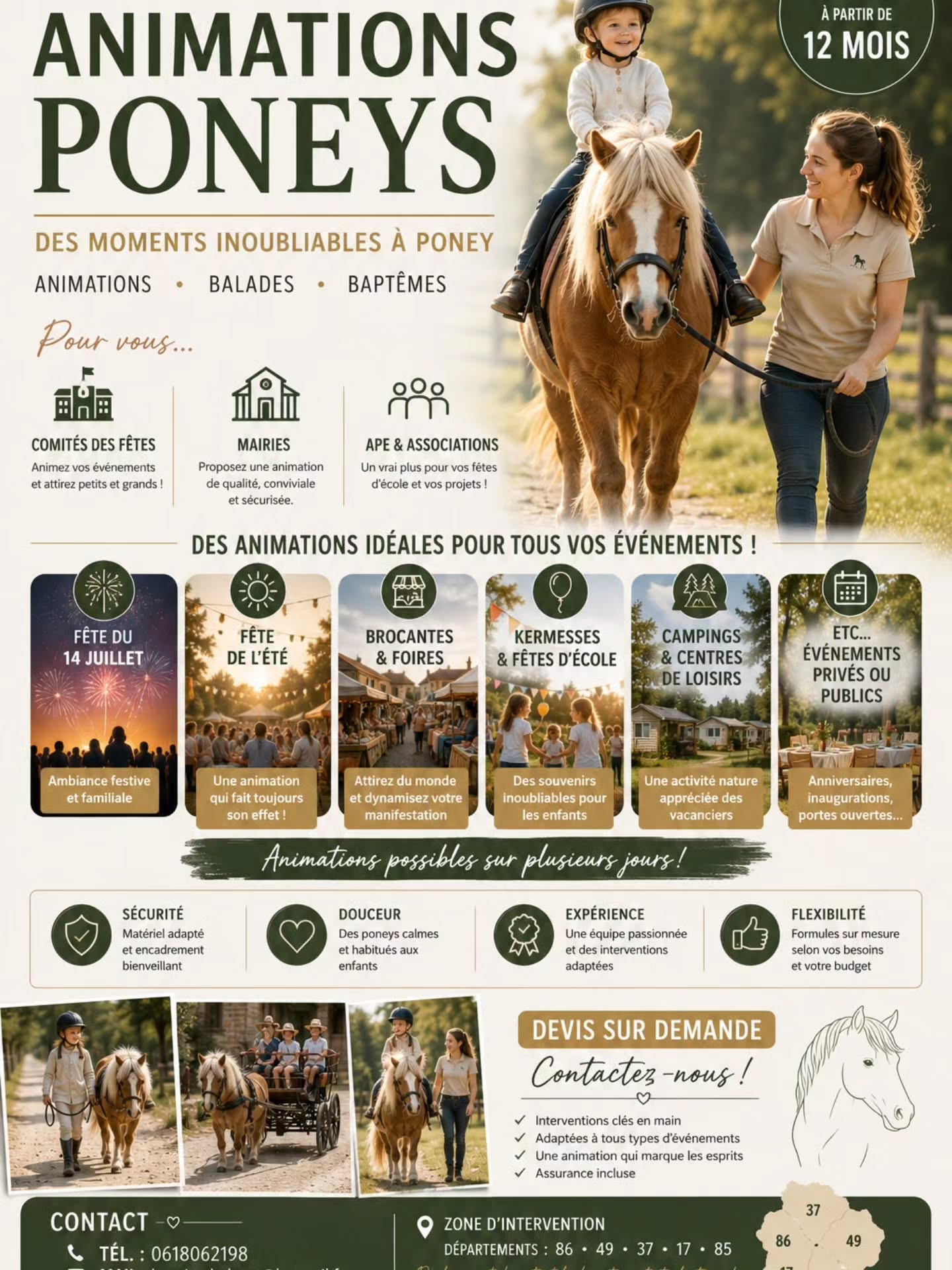 🐴 Vous cherchez une animation qui attire les familles et marque les esprits ?
Les Crins de Dercé proposent des animations poneys clés en main pour tous vos événements :
✨ Baptêmes à poney
✨ Balades à poney
✨ Promenades en calèche
✨ Enfants dès 12 mois
Idéal pour : 🎉 Fêtes de village
🇫🇷 Fêtes du 14 juillet
🌞 Fêtes de l'été
🛍️ Brocantes et marchés
🏫 Kermesses et APE
🏕️ Campings et centres de loisirs
Des poneys doux, habitués aux enfants, une organisation professionnelle et une animation qui plaît à toutes les générations.
📍 Déplacements dans les départements 86 • 49 • 37 • 17 • 85
📅 Possibilité d'intervention sur plusieurs jours
📞 06 18 06 21 98
📧 lescrinsdederce@hotmail.fr
Devis gratuit sur demande.