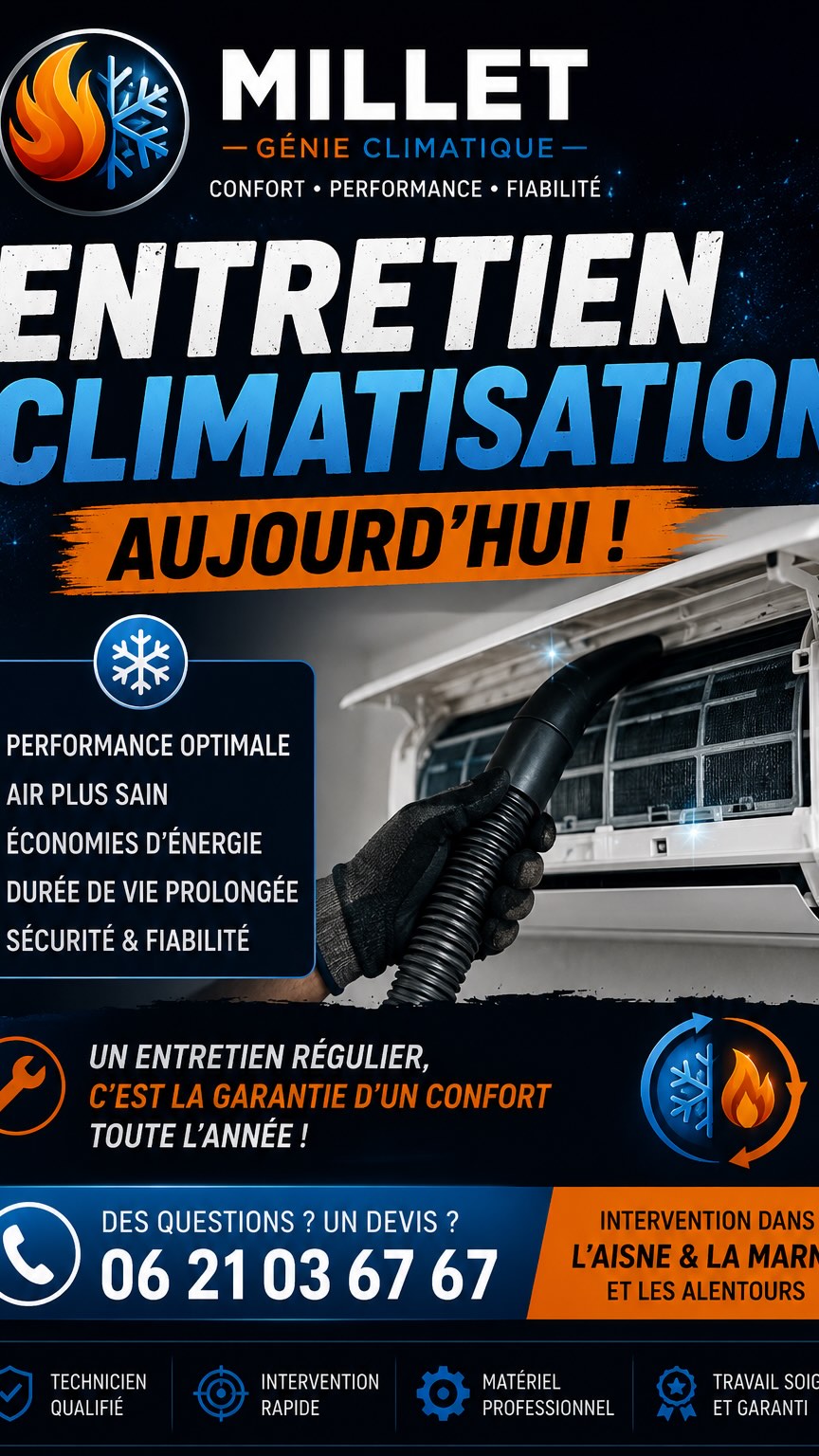 ❄️ Entretien complet d’une climatisation réalisé par Millet Génie Climatique 🔧
Un entretien régulier permet :
✅ Une meilleure performance
✅ Un air plus sain
✅ Des économies d’énergie
✅ Une durée de vie prolongée de votre équipement
📍 Intervention dans l’Aisne, la Marne et les alentours.
#Climatisation #EntretienClim #GenieClimatique #PompeAChaleur #HVAC Artisan Aisne Marne MilletGenieClimatique