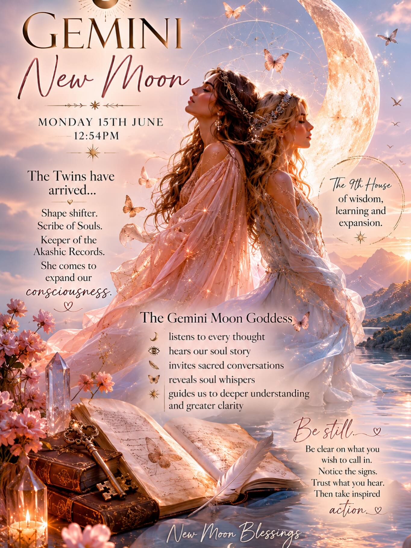Hey Moon Lovers,🌙✨
The Gemini New Moon arrives on Monday 15th June at 12:54pm AEST weaving her magic through the sacred halls of the 9th House of wisdom, expansion, and higher learning.
She comes cloaked in many faces, for the Twins have awakened. A shape-shifting Moon Goddess, she dances between worlds, revealing what was once hidden. Aligned with the mystical energy of Merlin the Magician, she is known as the Scribe of Souls, keeper of sacred knowledge and guardian of the Akashic Records. She arrives with a single purpose: to expand our consciousness and awaken us to new possibilities.
The Gemini Moon Goddess listens closely to every thought, every dream, every whispered prayer. She knows the story written upon your soul and gently invites you into sacred conversation with yourself, with Spirit, and with the unseen realms.
Ruled by Mercury, messenger of the cosmic realms, Gemini awakens curiosity, communication, and divine insight. During this lunar cycle, soul whispers become easier to hear. Synchronicities appear like breadcrumbs along your path. Meaningful conversations carry hidden messages. A book falls into your hands at the perfect moment. A chance encounter reveals the next step.
As the mists of illusion begin to clear, a new vision emerges. What once felt uncertain may suddenly become illuminated with greater clarity and purpose.
Pay attention to the subtle signs both within and around you. The Gemini Moon Goddess may appear in many forms, offering guidance, opportunities, and invitations for transformation. She is showing you where your energy longs to flow and where your soul is ready to grow.
As the energy builds, remain grounded. Create moments of stillness within the whirlwind of life. Be clear about what you wish to call into being. Listen deeply. Trust what you hear. Then take inspired action.
May this New Moon bless you with clarity, wisdom, and the courage to follow the whispers of your soul.
New Moon Blessings,
Belinda ✨🌙 book your intuitive astrology reading @be_moore_you #gemininewmoon #themoontheseerandtheoracle #intuitiveastrology #pyschic #sacredfeminine