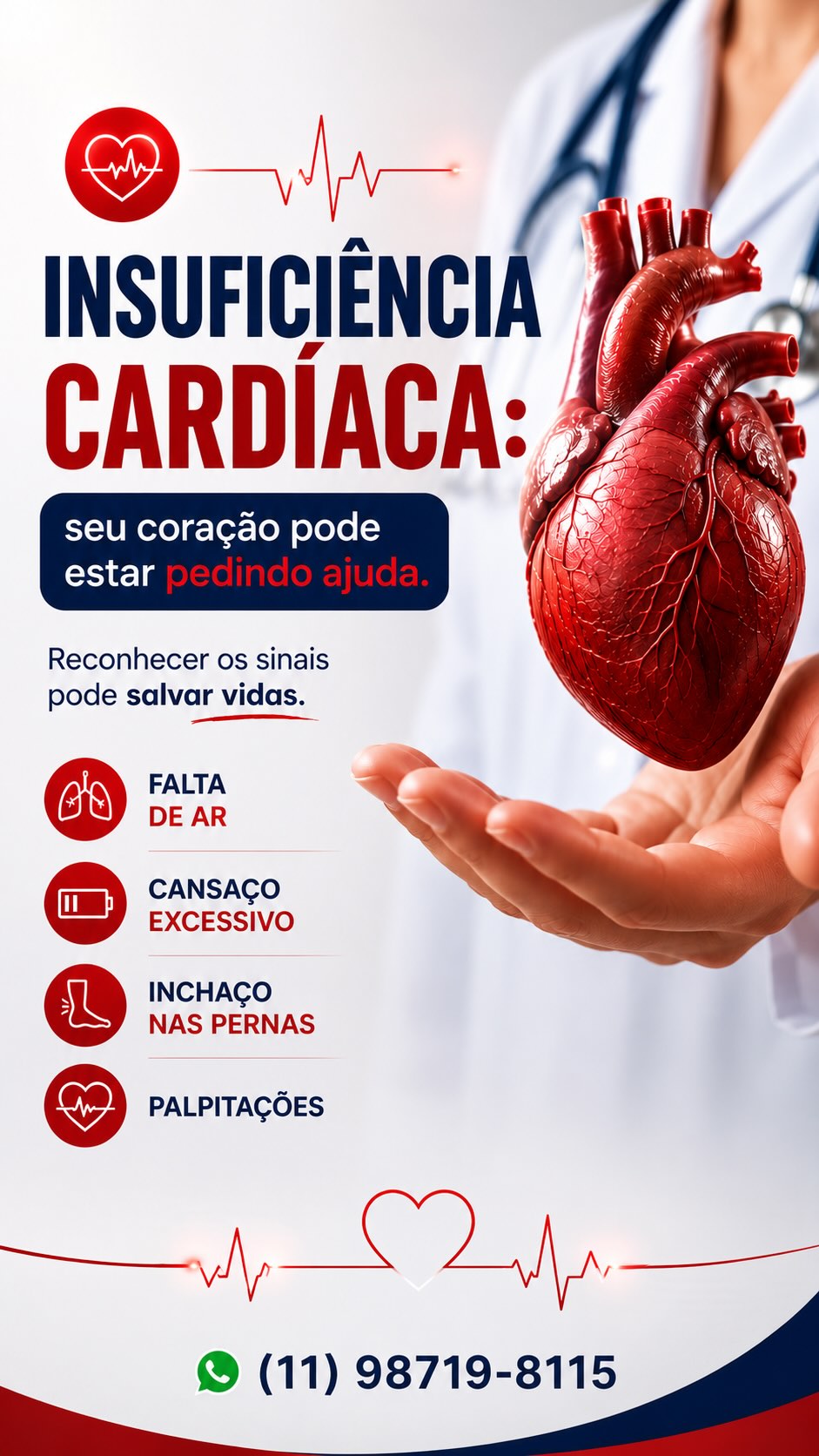❤️ Insuficiência Cardíaca: quando o coração precisa de atenção.
acontece quando o coração não consegue bombear sangue de forma eficiente para o corpo.
O diagnóstico precoce e o acompanhamento cardiológico são fundamentais para melhorar a qualidade de vida e evitar complicações.
Cuide do seu coração. Agende sua avaliação na JCor Cardiologia e Clínica Médica.
📍 Centro de Diadema
📲 WhatsApp: (11) 98719-8115
#InsuficienciaCardiaca #Cardiologia #SaudeDoCoracao #Prevencao #cardiologista