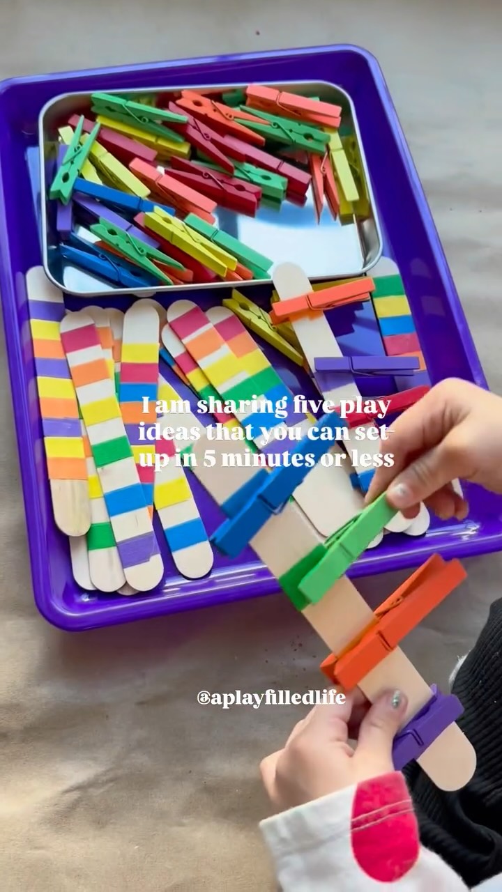 If you want a FREE PDF with 20 simple activities to strengthen fine motor skills, comment SKILLS and I’ll send it your way.
Follow along for more play ideas you can set-up in 5 minutes or less!
You get to decide what is safe and manageable in your home. Always monitor young children.