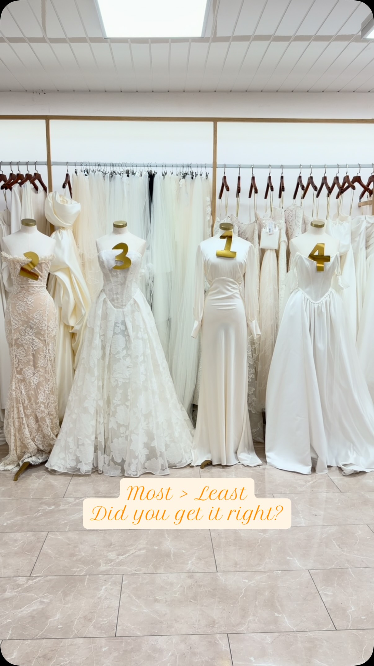 Did you get it right? $$$$ > $$
Gowns featured:
1 - Leia
2 - Sequoia
3 - Alva
4 - Merit