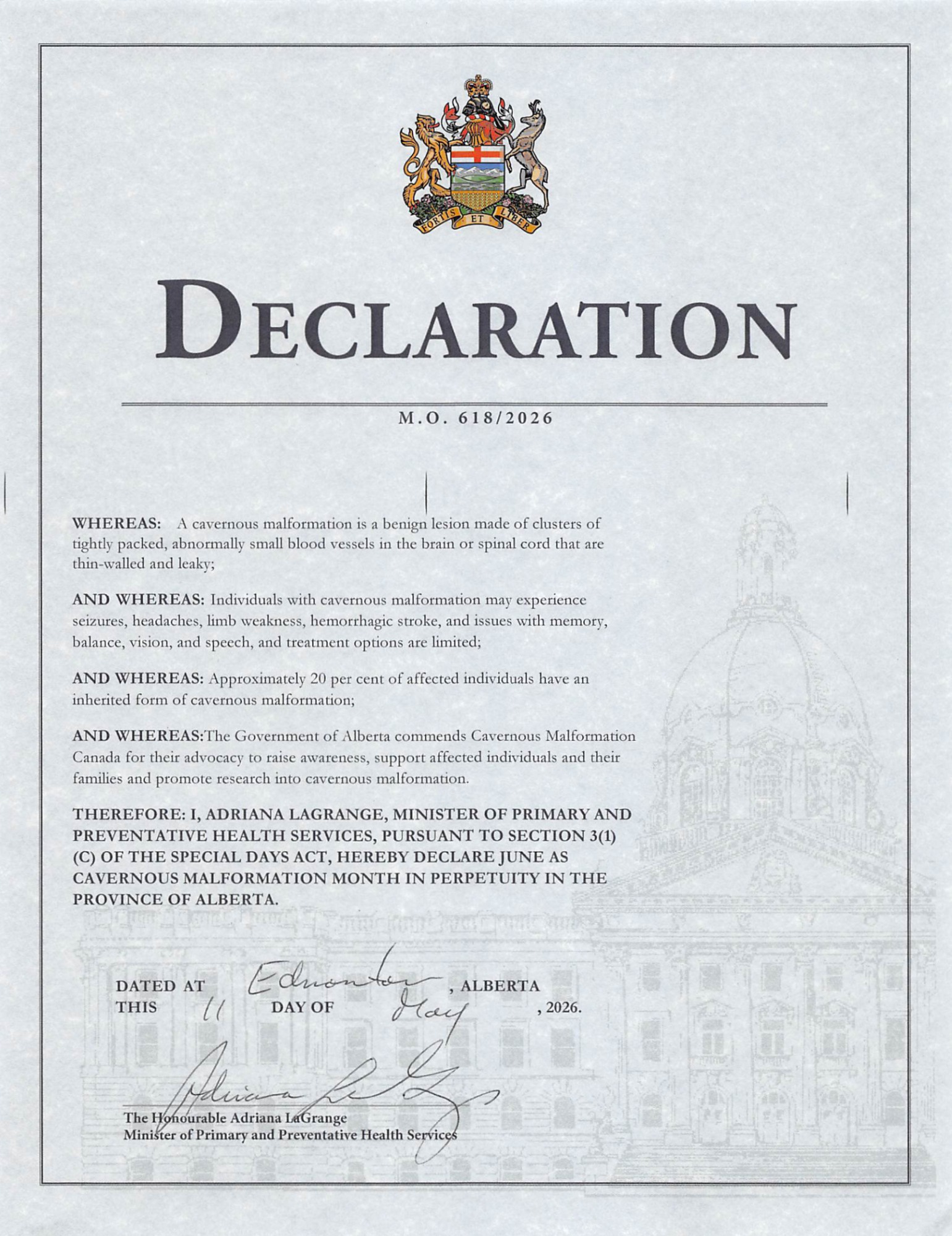 It's official! We are grateful that the Province of Alberta has declared June as Cavernous Malformation Awareness Month-forever!
>>
C'est officiel ! Nous sommes reconnaissants à la province de l'Alberta d'avoir déclaré le mois de juin Mois de sensibilisation aux malformations caverneuses – et ce, pour toujours !
#shinealightoncavernousmalformation #cavernoma #cavernousmalformation #alberta #declaration #wevebeenheard #research #rare #cavernousmalformationawarenessmonth