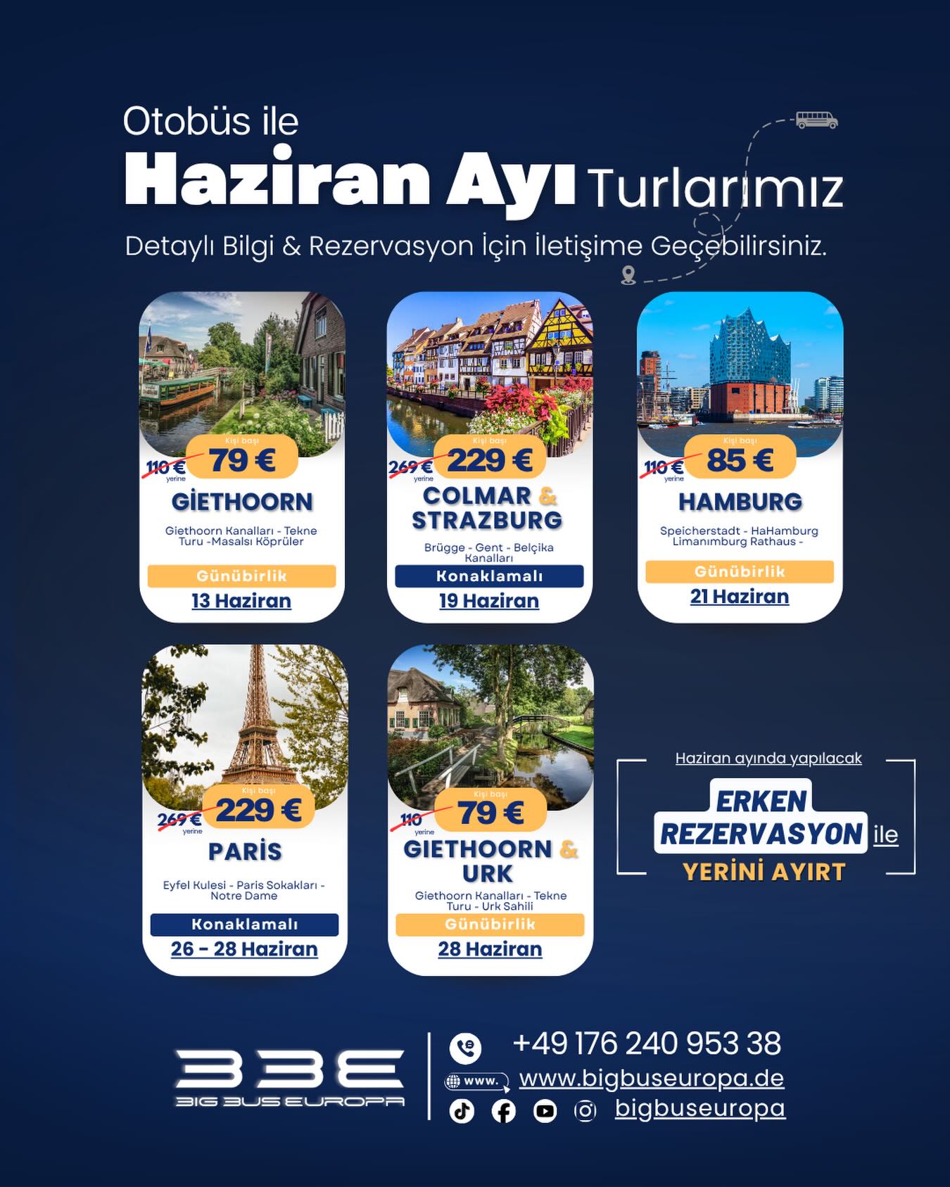 🚌 HAZİRAN AYI AVRUPA TURLARIMIZ BAŞLADI! 🌍✨
Haziran ayında birbirinden güzel rotalarla Avrupa’nın en özel şehirlerini ve doğa harikalarını birlikte keşfediyoruz.
İster romantik Paris sokaklarında yürüyün, ister Hollanda’nın masal köyü Giethoorn’un huzurunu yaşayın, ister Hamburg’un tarihi limanında unutulmaz anılar biriktirin… Size uygun bir tur mutlaka var!
📅 Haziran Tur Takvimimiz
🇳🇱 13 Haziran – Giethoorn Günübirlik Turu
💶 79 €
🇫🇷 19-20 Haziran – Colmar & Strazburg Konaklamalı Turu
💶 229 €
🇩🇪 21 Haziran – Hamburg Günübirlik Turu
💶 85 €
🇫🇷 26-28 Haziran – Paris Konaklamalı Turu
💶 229 €
🇳🇱 28 Haziran – Giethoorn & Urk Günübirlik Turu
💶 79 €
⸻
Turlarımızda Sizleri Neler Bekliyor?
✅ Modern ve konforlu otobüsler
✅ Profesyonel Türkçe rehberlik
✅ Güvenli ve keyifli yolculuk
✅ Özenle planlanmış gezi programları
✅ Unutulmaz Avrupa deneyimi
⸻
📍 Kalkış noktaları tur programına göre değişmektedir.
Detaylı kalkış saatleri ve tur programı için bizimle iletişime geçebilirsiniz.
⚠️ Kontenjanlarımız sınırlıdır. Erken rezervasyon yapan misafirlerimiz avantajlı fiyatlardan faydalanabilir.
📲 Rezervasyon ve detaylı bilgi için;
📞 +49 176 240 953 38
🌐 www.bigbuseuropa.de
📩 WhatsApp veya DM üzerinden bize ulaşabilirsiniz.
💙 Bu ay hangi turda bizimle olmak isterdiniz?
👇 Yorumlarda favori rotanızı yazmayı unutmayın!
#BigBusEuropa #AvrupaTurları #HaziranTurları #Paris #Hamburg Giethoorn Colmar Strazburg Urk Avrupa Gezi Seyahat OtobüsTuru YurtdışıTuru