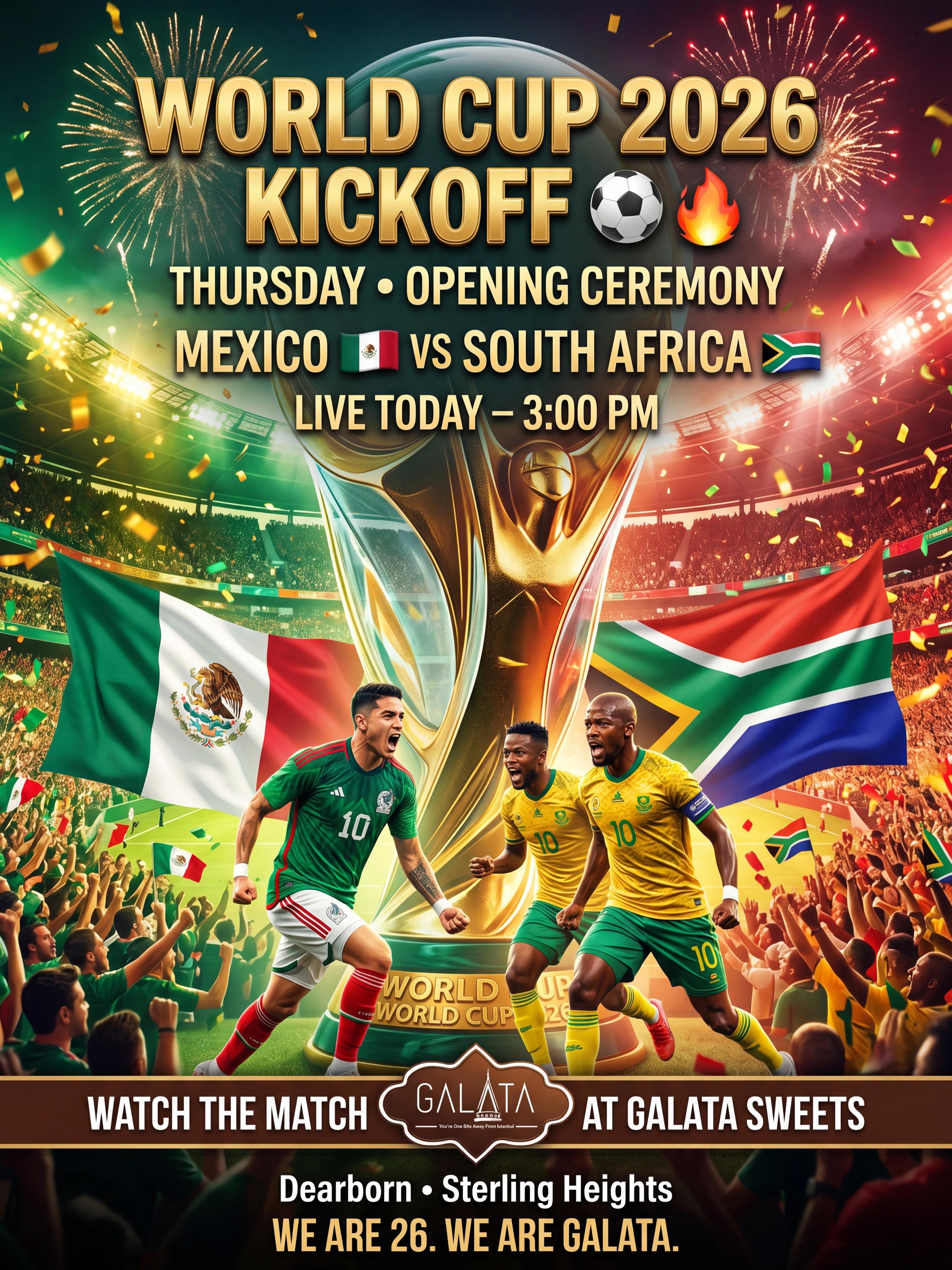 ⚽🔥 FIFA WORLD CUP 2026 KICKOFF 🔥⚽
🇲🇽 Mexico 🆚 South Africa 🇿🇦
📅 Thursday – Opening Match
⏰ Live at 3:00 PM
📍 Watch the match live at Galata Sweets
Dearborn • Sterling Heights
Big screens • Great food • Turkish coffee • World Cup vibes ☕⚽
🌎 WE ARE 26. WE ARE GALATA.
#WorldCup2026 #MexicoVsSouthAfrica #WeAre26 #WeAreGalat