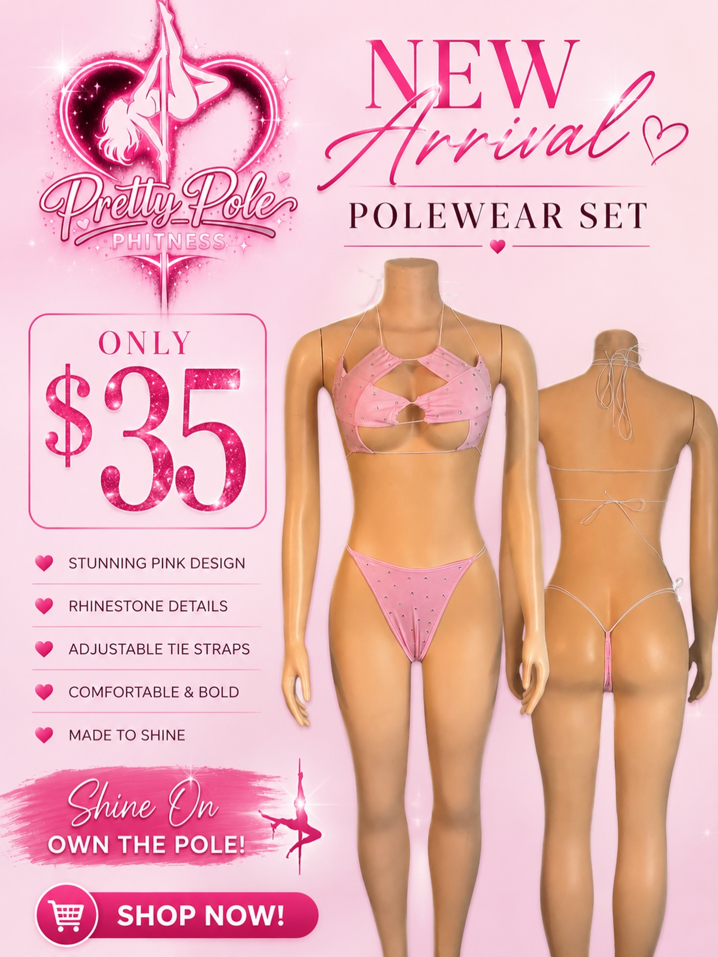 Shop our “Blessed” two piece rhinestone set now🛍️✨ ALL OUTFITS UNDER $45 for our grand opening . log onto www.prettypolephitness.com or click the link in our bio 🔗
#spicydancer #midnightballerina #exoticwear #polewear