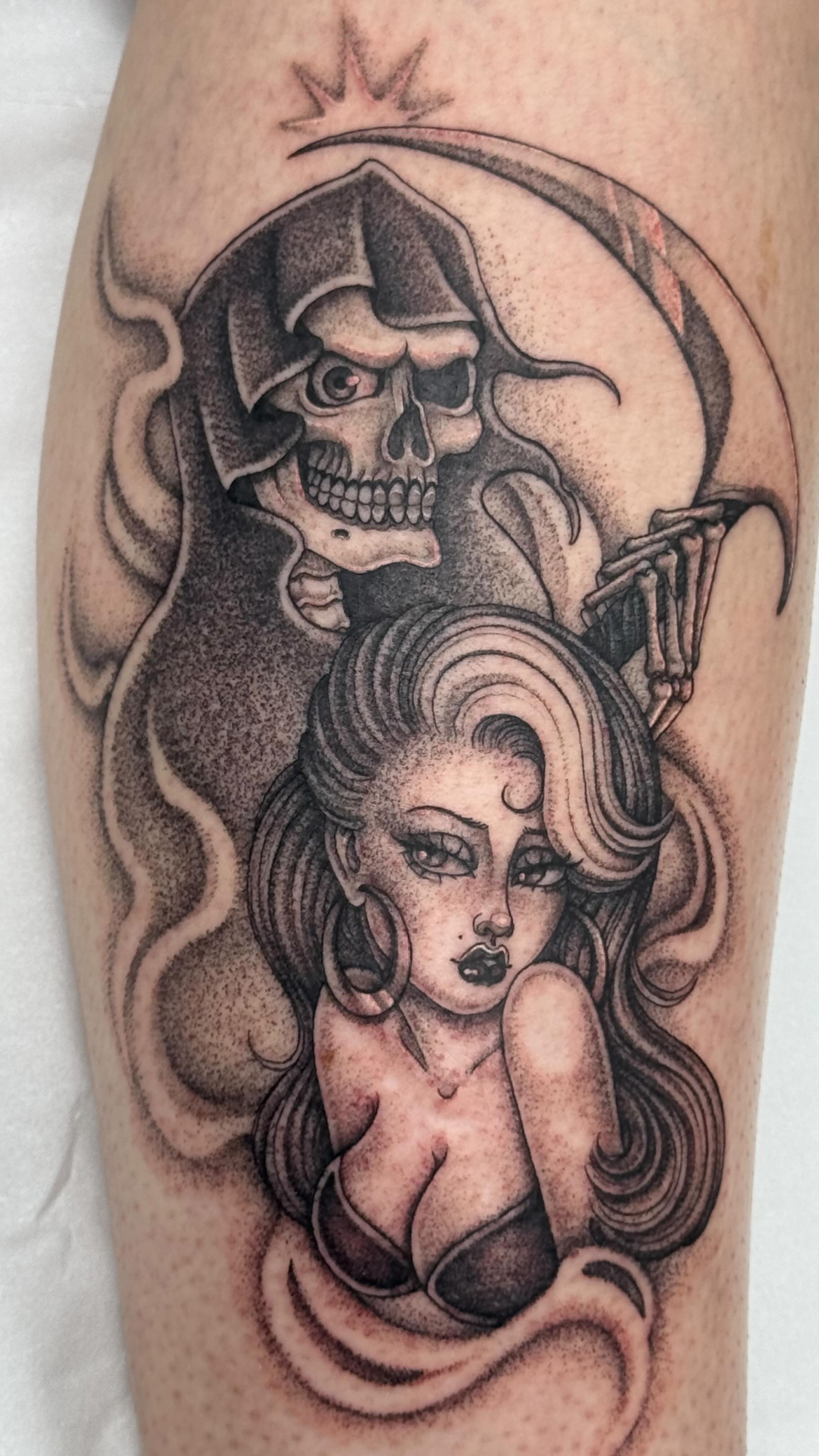 Ladies by @katcorneytattoo are almost too hot to post specially with a grim reaper 🔥
For some sweet flash or custom bits just send Kat a dm or alternatively visit our website and fill in our enquiry form ✌️
#chicanotattoo #grimreapertattoo #ladytattoo #tattoo #tattoostudio