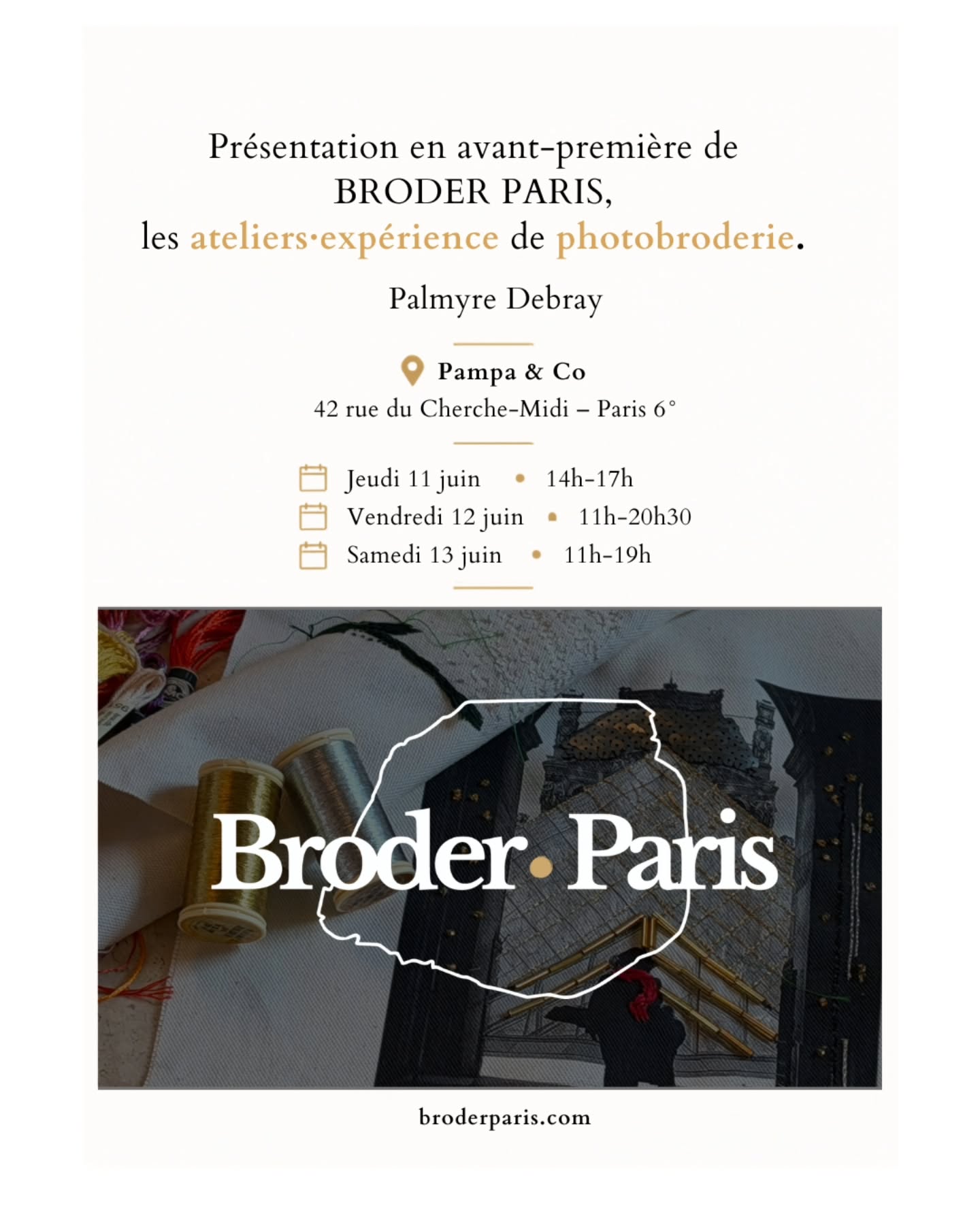 Et si l'on prenait le temps de regarder Paris autrement ?
Une façade remarquée cent fois sans jamais vraiment la voir. Une lumière sur la pierre. Un détail d'architecture. Une histoire discrète cachée dans la ville.
Broder Paris est né de cette envie : ralentir le regard et redécouvrir Paris à travers les gestes patients de la broderie.
À partir d'une photographie, chacun est invité à porter un nouveau regard sur la ville et à en proposer une interprétation personnelle, sensible et singulière, à l'aide de fils, de perles et de quelques points accessibles à tous.
Imaginée avec Siegrid Dumas, cette expérience sera présentée en avant-première chez Pampa & Co, grâce à l'accueil chaleureux d'Aude Pollet qui nous ouvre les portes de sa boutique du Cherche-Midi.
Vous pourrez découvrir les premières réalisations, les photographies, les matières, les coulisses du projet et échanger avec nous autour de cette aventure qui nous tient particulièrement à cœur.
Durant toute la semaine, je présenterai également une sélection de bijoux Palmyre Paris et j'aurai le plaisir de partager cet espace avec Geneviève Parois et ses magnifiques créations de chapeaux.
📍 Pampa & Co 42 rue du Cherche-Midi – Paris 6e
✨ Jeudi 11 juin : 14h – 17h
✨ Vendredi 12 juin : 11h – 20h30
✨ Samedi 13 juin : 11h – 19h
Si vous aimez Paris, les savoir-faire et les regards singuliers, nous serons ravies de vous accueillir.
Parce qu'il existe mille façons de visiter Paris.
Et peut-être aussi une façon de l'emporter avec soi.
What if we took the time to look at Paris differently?
A façade you've passed a hundred times without really seeing it. A particular light on stone. An architectural detail. A story quietly hidden within the city.
Broder Paris was born from this desire: to slow down, observe more carefully, and rediscover Paris through the patient gestures of embroidery.
Starting from a black-and-white photograph, each participant is invited to create a personal interpretation of the city using threads, beads, sequins and a few simple stitches accessible to all.
#broderparis
#ParisExperience
#photobroderie
#parisautrement
#jaimeparis