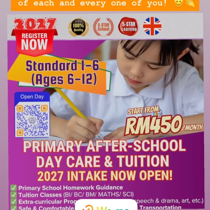 🌟 VIS Open Day 2026 – You’re Invited! 🌟
🔗 RSVP now to secure your slot:
https://forms.gle/WUjow97F4PmEvWyY7
Looking for the right start for your child’s education journey? Join us at our Open Day and discover how we nurture confident, curious, and capable learners.
📅 Date: 20 June 2026 (Saturday)
🕙 Time: 10:00 AM – 4:00 PM
📍 Venue: 18, Jalan Puteri 7/15, Bandar Puteri, 47100 Puchong
✨ Explore our programmes:
• 0–6 Early Childhood Education
• 6–12 Primary Day Care & Tuition
• 2026–2027 Admissions
👩🏫 Meet our passionate educators, tour our facilities, and learn about our personalised approach to learning.
🎁 Enjoy exclusive Open Day offers with savings of up to RM5,000!
🔗 RSVP now to secure your slot:
https://forms.gle/WUjow97F4PmEvWyY7
📞 Contact: +60 12-269 2488
📲 Instagram: @victoriashire
#VISOpenDay #PuchongParents #EarlyChildhoodEducation #PrimaryDaycare