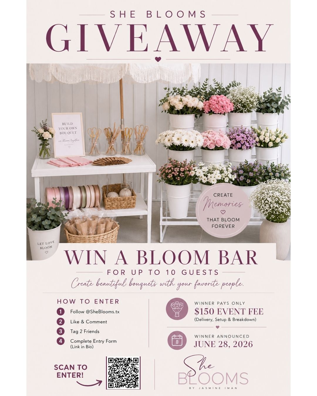 🌸 GIVEAWAY TIME 🌸
Win a She Blooms Bloom Bar Experience for up to 10 guests!
✨ Includes:
• Bloom Bar Setup
• Fresh Flowers
• Bouquet-Making Station
• Wrapping Station
Winner pays only the $150 setup and delivery fee.
HOW TO ENTER:
💐 Follow @SheBlooms.tx
💐 Like this post
💐 Tag 2 friends
💐 Complete the entry form (link in bio)
Winner announced June 28, 2026.
Tag your event-planning bestie below! 👇
#SheBloomsTX #BloomBar #SanAntonioEvents #SanAntonioWeddings #TexasBride #BridalShowerIdeas #BabyShowerIdeas #PartyInspiration #EventPlanner #WeddingInspiration #FlowerBar #FloralExperience #TexasEvents #TX #Giveaway