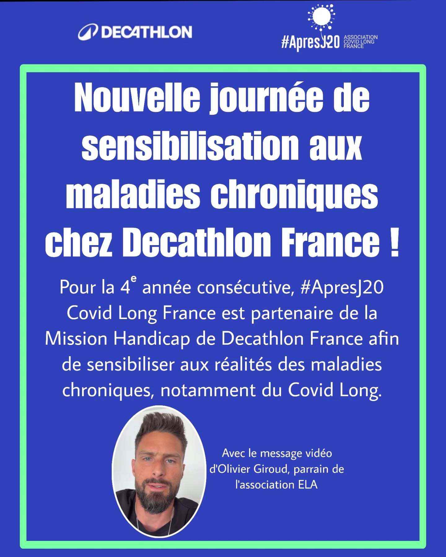 Heureuse d'annoncer le lancement de notre 4ème édition de sensibilisation sur les maladies chroniques, née de la collaboration durable et engagée entre la Mission Handicap de @decathlon France et notre association #ApresJ20 Covid Long France ! 🤝🔥
Parce que la santé au travail est l'affaire de tous et que l'inclusion ne doit laisser personne de côté, nous nous rassemblons le 30 juin prochain pour un temps d'échange essentiel.
🎯 L'objectif ? Briser les tabous, partager des solutions concrètes et transformer durablement la perception des maladies chroniques et du handicap invisible en entreprise.
✨ Un soutien exceptionnel : @oliviergiroud , en tant que parrain emblématique de l'association @elaofficielle , a tenu à s'associer à notre démarche collective à travers un message vidéo exclusif et fort, empreint de solidarité.
💬 " Je voudrais juste vous remercier Decathlon de mettre en lumière ces maladies (...) Merci de votre engagement et de soutenir ces associations qui luttent contre ces maladies" – Olivier Giroud 🎥⚽
🤝 Autour de la table, des intervenants engagés et complémentaires : • Mission Handicap Decathlon • Association #ApresJ20 Covid Long France • Association ELA (Association européenne contre les leucodystrophies) • @wecareatwork
🔒 Précision importante : Ce webinaire du 30 juin est réservé en exclusivité aux collaborateurs internes afin de leur offrir un espace d'échange dédié.
👥 Pour notre réseau externe : Restez connectés ! Nous avons à cœur de partager ces insights avec le plus grand nombre. Nous diffuserons publiquement le replay de l'événement dans un second temps pour que chacun puisse en bénéficier.
Un grand merci à Decathlon France et à sa Mission Handicap et à l'ensemble des partenaires intervenants pour leur confiance et leur engagement renouvelé ! 🚀
#Handicap #MaladiesChroniques #SanteAuTravail Inclusion Decathlon ApresJ20 AssociationELA WecareAtWork RSE Solidarite HandicapInvisible Replay Leucodystrophie