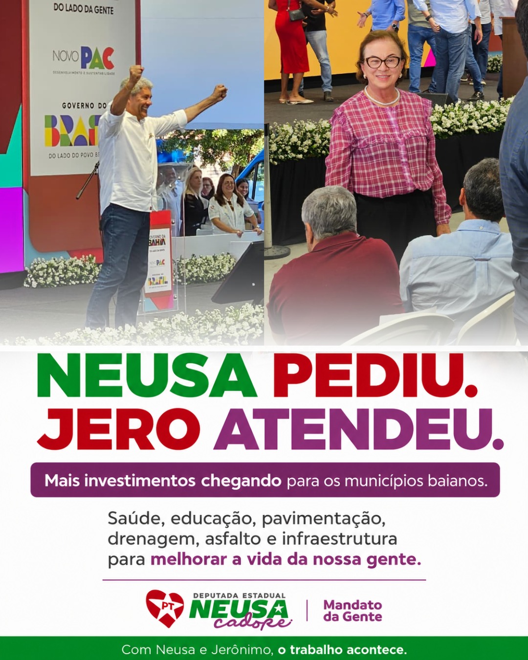 Quando o mandato trabalha, a Bahia avança.
Hoje é dia de celebrar mais uma conquista para os municípios baianos. O governador Jerônimo Rodrigues anuncia um grande pacote de investimentos, e várias demandas defendidas por Neusa Cadore estão contempladas com ordens de serviço em áreas fundamentais.
Tem hospital, UBS, escola, pavimentação, drenagem, asfalto e obras que melhoram a vida do povo.
Baixa Grande, Pintadas, Jacobina, Morpará, Campo Alegre de Lourdes, Boninal e Capela do Alto Alegre estão entre os municípios beneficiados.
Esse é o resultado da política feita com compromisso, escuta e articulação.
Neusa pediu. Jero atendeu.
Trabalho que vira obra. Obra que muda a vida do povo.