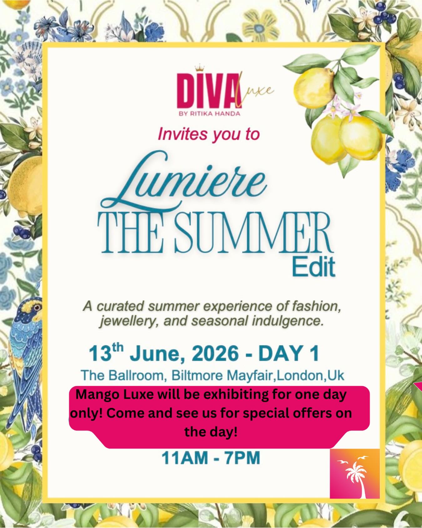 We’re exhibiting this weekend with Diva Luxe at the only event to be at! At the Biltmore Hotel, Grosvenor Square, London on Saturday 13 June 11am-7pm. We’d love to see you there.Follow us on instagram and come and see us to claim a special discount 💕💕
@divaluxe_lounge #london #events