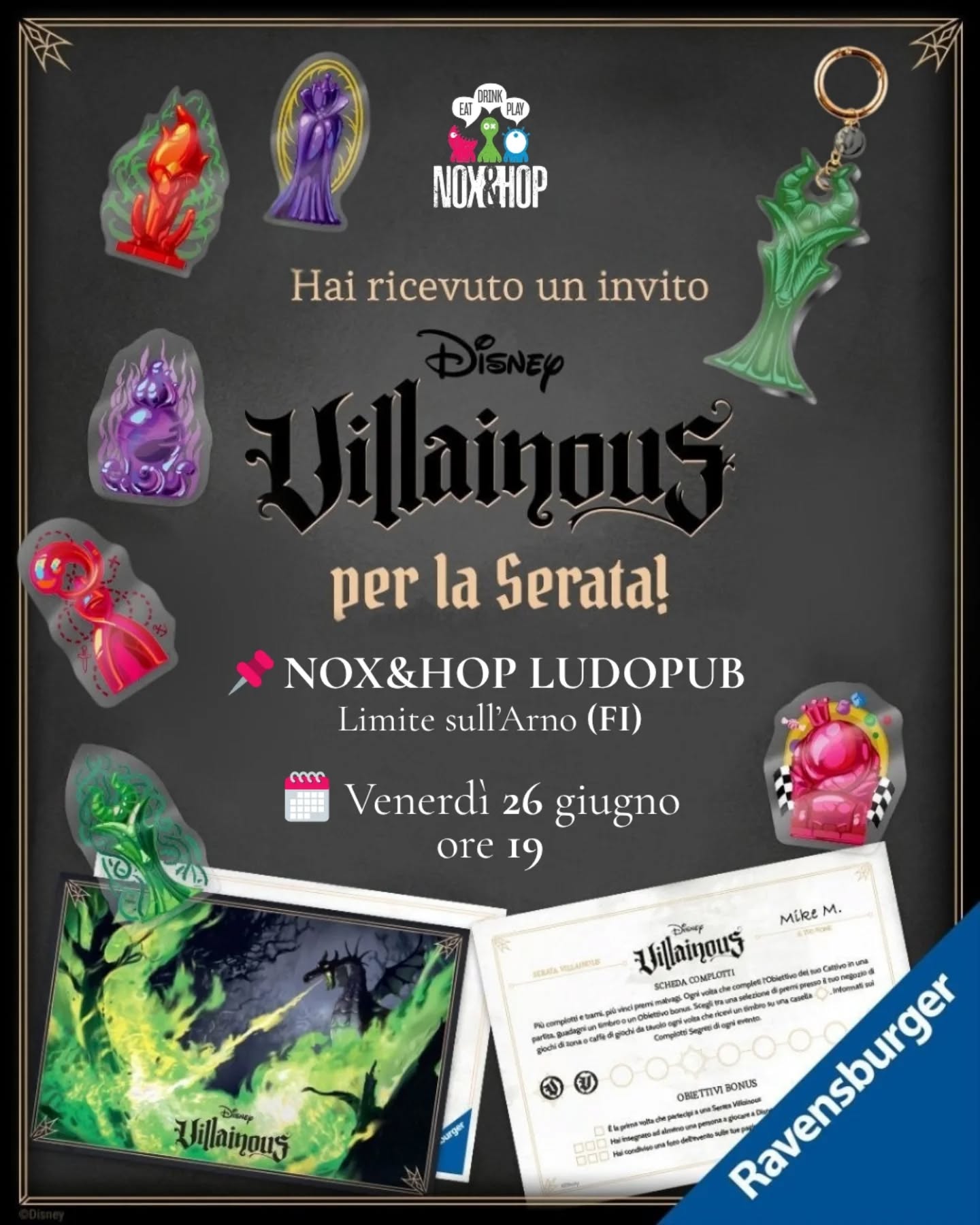 📢 Arriva la prima Villainous Night Out al Nox! 😈
Una serata dedicata al gioco più perfido del Reame
✨ Disney Villainous 🔥
Partecipa anche tu a questa incredibile sfida tra cattivi Disney!
👉🏻 L'evento è aperto a TUTTI, sia a chi conosce e ama questo gioco, ma anche a chi è incuriosito, ci ha giocato solo qualche volta o non ci ha mai giocato 🐍
Qui troverai tanti malvagi che non vedono l'ora di condividere con te la loro passione, spiegarti le regole, e soprattutto... giocare!
📍 Nox&Hop Viale Ivo Montagni 190 Limite sull'Arno (FI)
🗓️ Venerdì 26 giugno
⌚ dalle 19
👉🏻 Evento gratuito!
📲 Prenotazione gradita 🫰🏻 ma non obbligatoria
Nelle Night Out puoi tenere traccia dei tuoi traguardi sulla tua "Scheda Complotti" e vincere piccoli premi targati Villainous. Chi porterà a temine il Piano Segreto, svelato solo al termine dell'evento, avrà un premio speciale 🎁
Sarai tu il più perfido di tutti?
L'evento è creato in collaborazione con @villainousitalia la community più malvagia del web 💯
@ravensburger.it