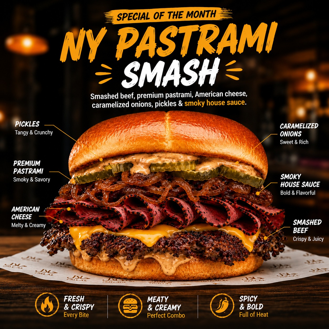 🔥 Special of the Month: NY Pastrami Smash 🍔
Stacked with juicy smashed beef, premium pastrami, melty American cheese, caramelized onions, crunchy pickles, and our signature smoky house sauce.
Every bite delivers the perfect balance of smoky, savory, cheesy, and bold flavors. This is not just a burger it's a flavor experience you won't forget. 😋🔥
Ready to take your burger game to the next level?
📍 Available now at The Beef Club
#thebeefclub #nypastramismash #specialofthemonth #brugge #bruggefood #halalburger #smashburger #burgerlover #belgiumeats #foodreels #foodie #highlightseveryonefollowers