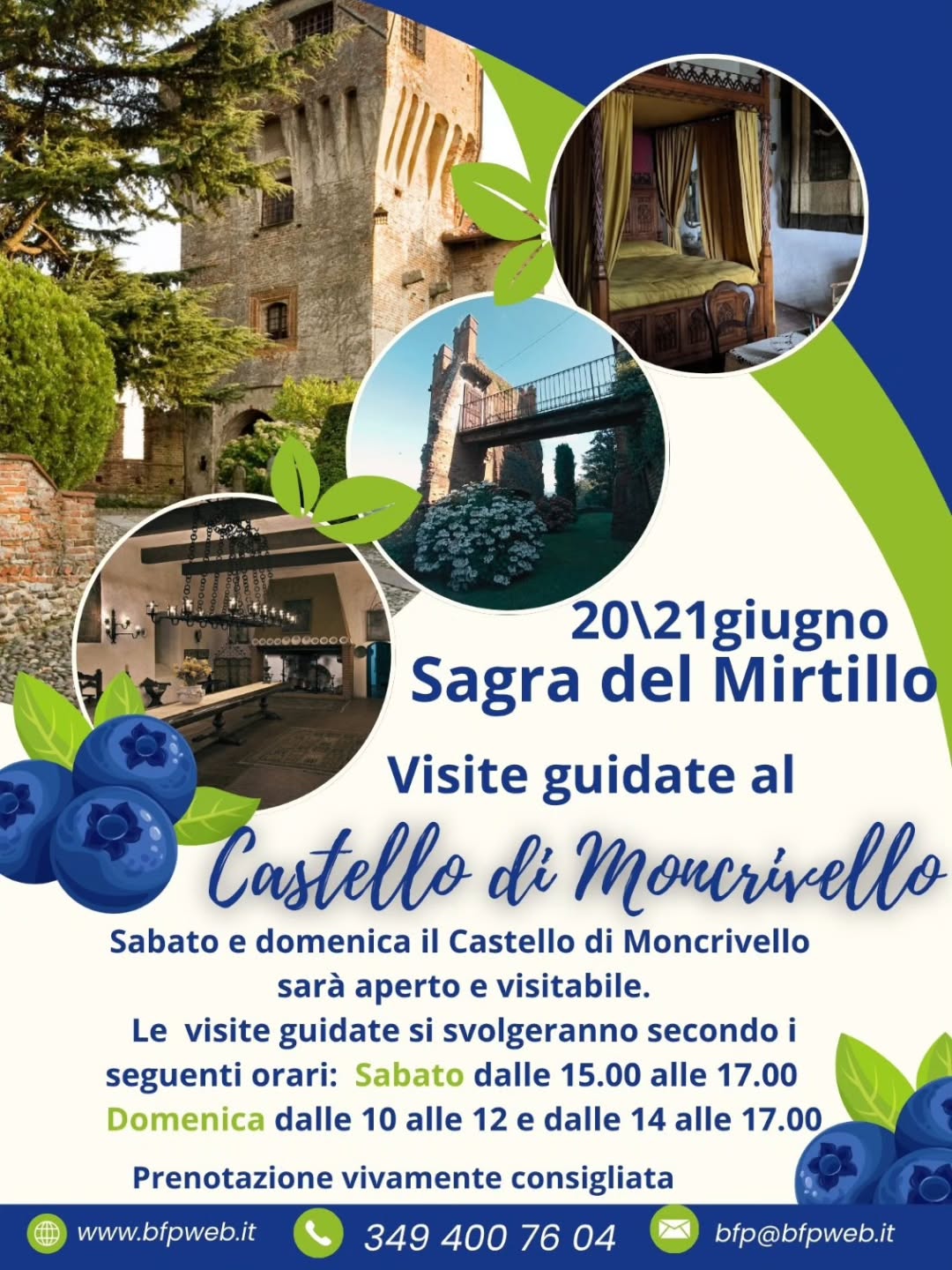 🏰 Sabato 20 e domenica 21 giugno il Castello di Moncrivello apre le porte!
In occasione della Sagra del Mirtillo, vieni a scoprire sale affrescate, camere storiche e il ponte sospeso del Castello di Moncrivello.
Visite guidate:
Sabato 20 giugno: 15:00 - 17:00
Domenica 21 giugno: 10:00 - 12:00 e 14:00 - 17:00
Prenotazione vivamente consigliata 👇
📞 349 400 76 04
📧 bfp@bfpweb.it
🌐 http://www.bfpweb.it
Fai un salto indietro nel tempo tra i profumi dei mirtilli della sagra!
_
_
_
_
#SagraDelMirtillo #Moncrivello #CastelloDiMoncrivello #Vercelli #Piemonte