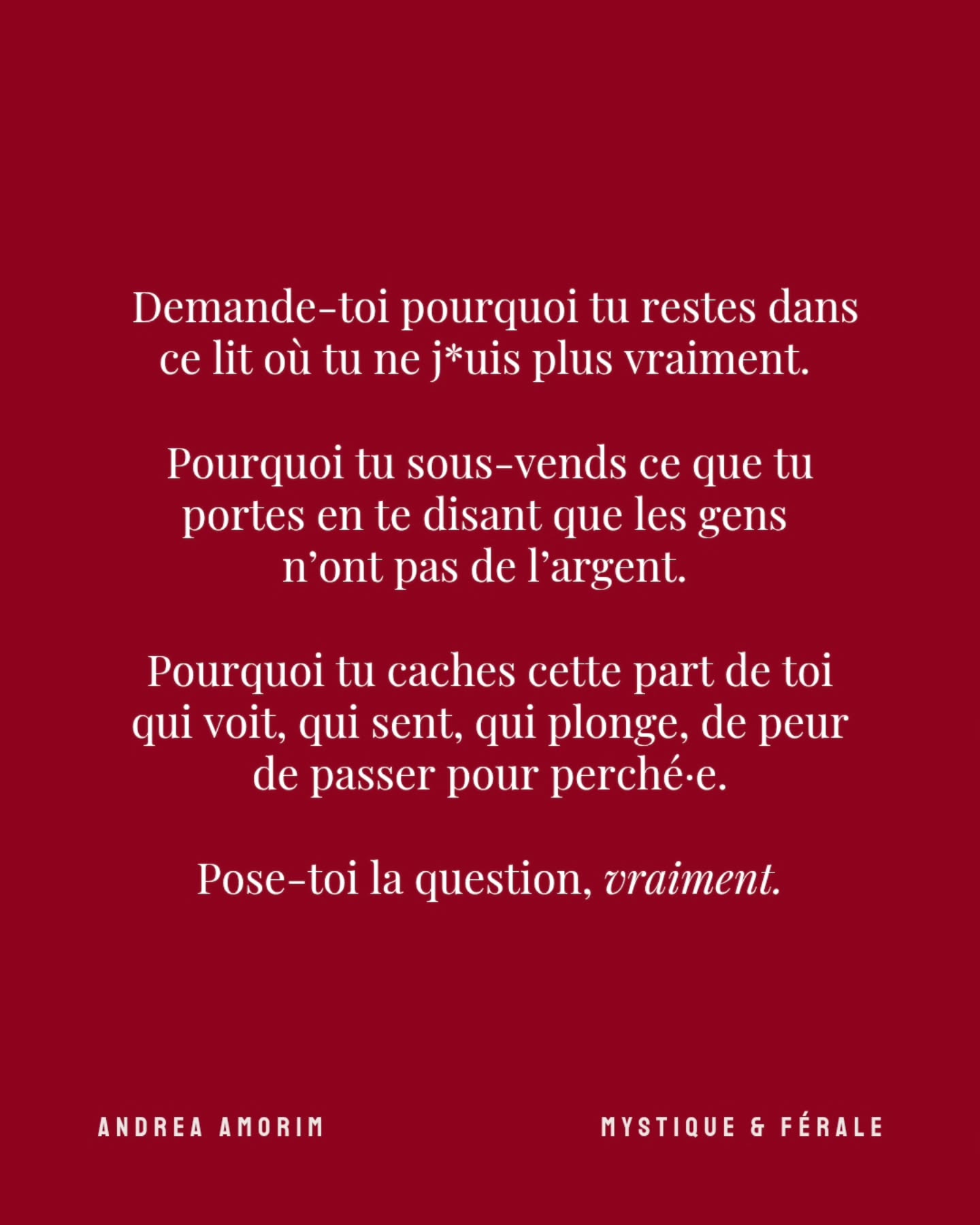 Bouge tes petites fesses et fais-le chaque jour. Tu n'as pas besoin de partir en retraite au bout du monde, de t'embarquer dans des cérémonies aux psychédéliques ou de sortir de ton corps pour aller mobiliser cette PUISSANCE VITALE. C'est là, en toi, dans ton bassin, disponible un mardi ordinaire entre deux rdv.
L'extase, le plaisir, les états de transe, tu peux les vivre par ta propre énergie vitale, à l'intérieur de ta chair, sans rien quitter du tout. Et c'est exactement ça que je vais t'apprendre. À faire descendre ce courant, et à poser des actes concrets dans le réel de tes journées, là où ça change vraiment ta vie.
Si tu es prête, prêt à mobiliser ton énergie de vie dans ton quotidien et à te tenir à la hauteur de ta puissance vitale, écris MOBILISATION en commentaire ou en privé.
Je prépare quelque chose de 🫦🤌🏻
.
.
.
#énergiedevie #énergievitale #ancrage
