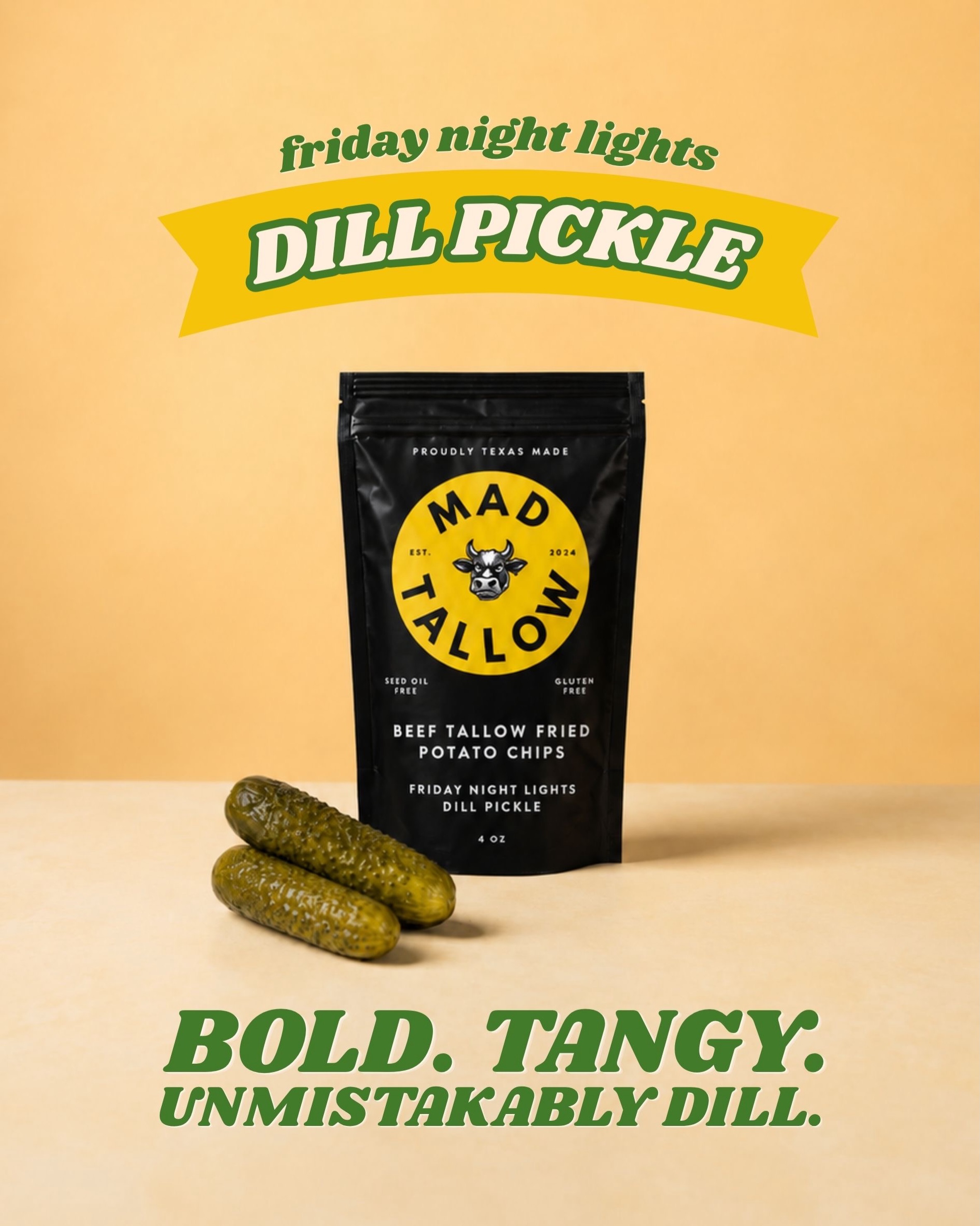 ✨INTRODUCING✨ Friday Night Lights Dill Pickle - a concession stand classic, reimagined our way.
Tangy vinegar, dill, savory spices, and a satisfying crunch come together in our boldest flavor yet. Fried in beef tallow, made with simple ingredients, and completely seed oil free, these chips prove you don’t have to sacrifice quality for flavor.
One bite and you’ll be transported straight back to Friday nights under the lights.
Order now at www.madtallow.com, we promise you wouldn’t regret it!