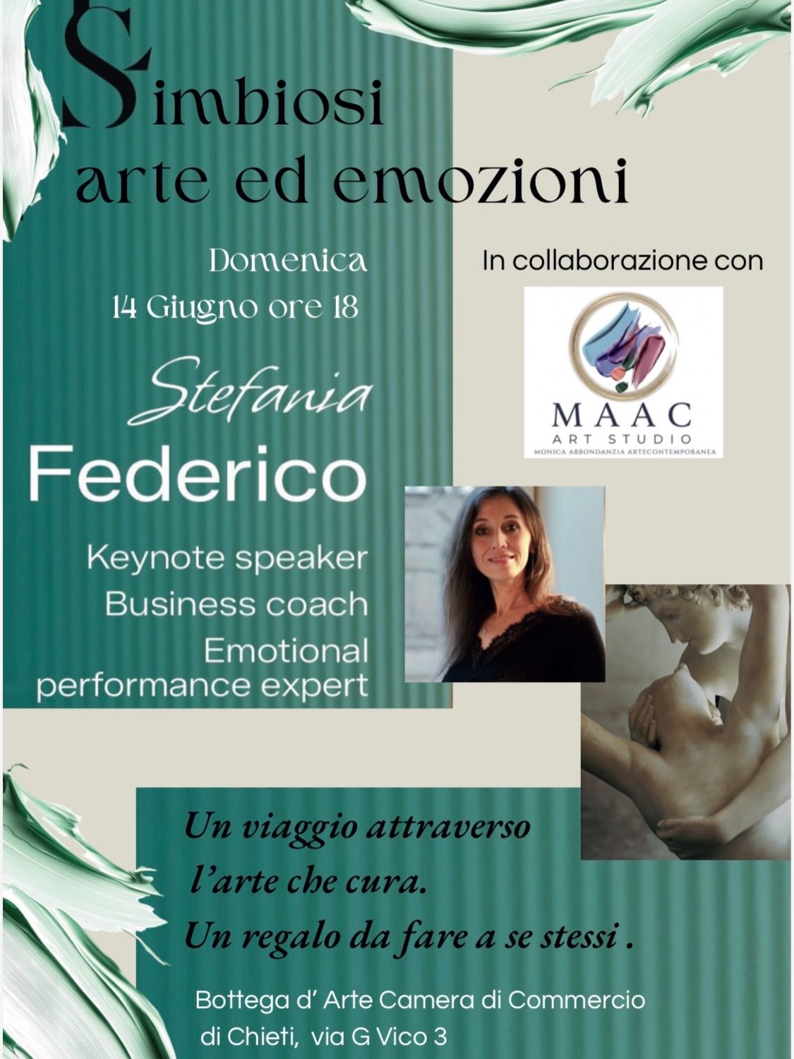 “Simbiosi: arte ed emozioni” ✨
Un viaggio guidato attraverso l’arte che cura. Un vero e proprio regalo da fare a se stessi.
💬 Insieme a Stefania Federico (Keynote speaker, Business coach ed Emotional performance expert) e in collaborazione con il MAAC Art Studio di Monica Abbondanzia, esploreremo questo legame indissolubile tra creatività e benessere emotivo.
📍 Dove e Quando:
🗓 Domenica 14 Giugno, ore 18:00
🏢 Bottega d’Arte Camera di Commercio di Chieti (Via G. Vico 3)
L’incontro si terrà all’interno della cornice della terza edizione della mostra collettiva “Simbiosi: Coesistenza ed intrecci vitali”, aperta dal 31 maggio al 14 giugno.
Regalati un momento di pura bellezza e consapevolezza. Porta con te la voglia di ascoltarti. 🤍
👉 Ingresso libero. Condividi il post e tagga qualcuno con cui vorresti vivere questa esperienza!
#ArteCheCura #Simbiosi #EvoluzioneEmotiva #StefaniaFederico #MAACArtStudio ChietiEventi ArteEEmozioni CrescitaPersonale BottegaDArte Consapevolezza
