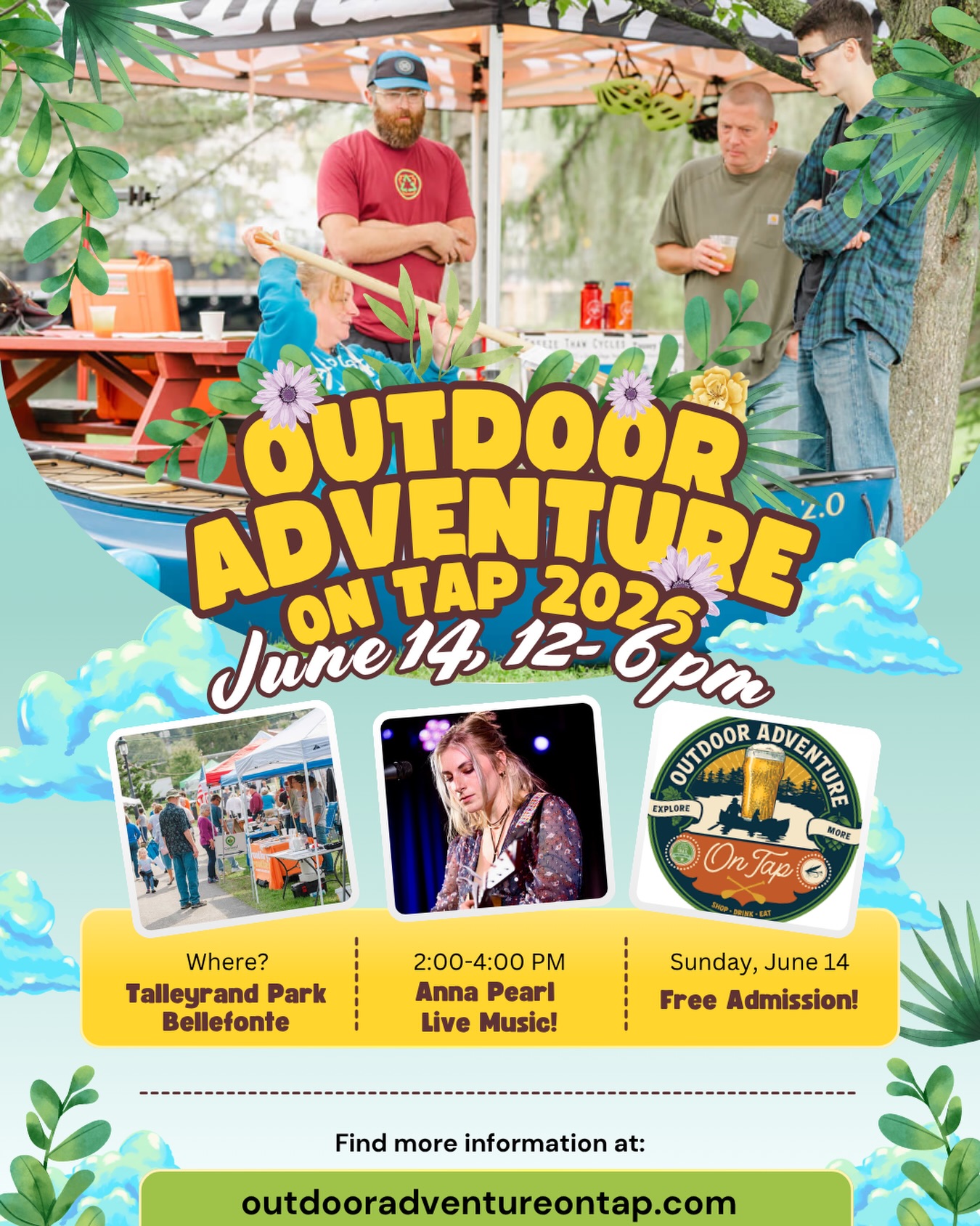 Outdoor Adventure On Tap 2026 🍻🏞️🌳
Sunday, June 14, 2026 from 12 p.m to 6 p.m. - Talleyrand Park - Bellefonte, PA
Get ready for Outdoor Adventure On Tap, where the best of Bellefonte’s outdoor adventure scene meets the region’s craft beverage and food culture!
This free-admission event blends the excitement of the Outdoor Adventure Expo with the flavors of the Central PA Tasting Trail, creating the ultimate summer gathering. Explore Bellefonte’s natural beauty and learn from expert-led outdoor workshops on kayaking, fly fishing, trail running, hiking and more. Stroll through a diverse selection of regional vendors, makers, and nonprofits showcasing outdoor gear, crafts, and adventure experiences.
While you shop, enjoy your pick of local wine, beer, cider, and spirits, along with delicious bites from favorite food vendors. To imbibe, you’ll need to purchase a tasting cup at the entrance.
Add in live music, family-friendly games, nature-based tourism initiatives, and a lively community atmosphere, and you’ve got a summer event you won’t want to miss!
Hike it. Bike it. Float it. Drink it. Join us at Outdoor Adventure On Tap!
Why we do it:
Events like Outdoor Adventure On Tap play a vital role in fostering community growth by bringing people together to celebrate local businesses, outdoor recreation, and regional culture. By showcasing Central PA Tasting Trail vendors, food trucks, and outdoor-related organizations, this event supports small businesses, encourages outdoor engagement, and strengthens connections between residents, clubs, and non-profits. It creates opportunities for education, collaboration, and economic growth while inspiring a deeper appreciation for the area’s natural resources and recreational opportunities. Events like this not only boost tourism and local commerce but also build a stronger, more connected community.