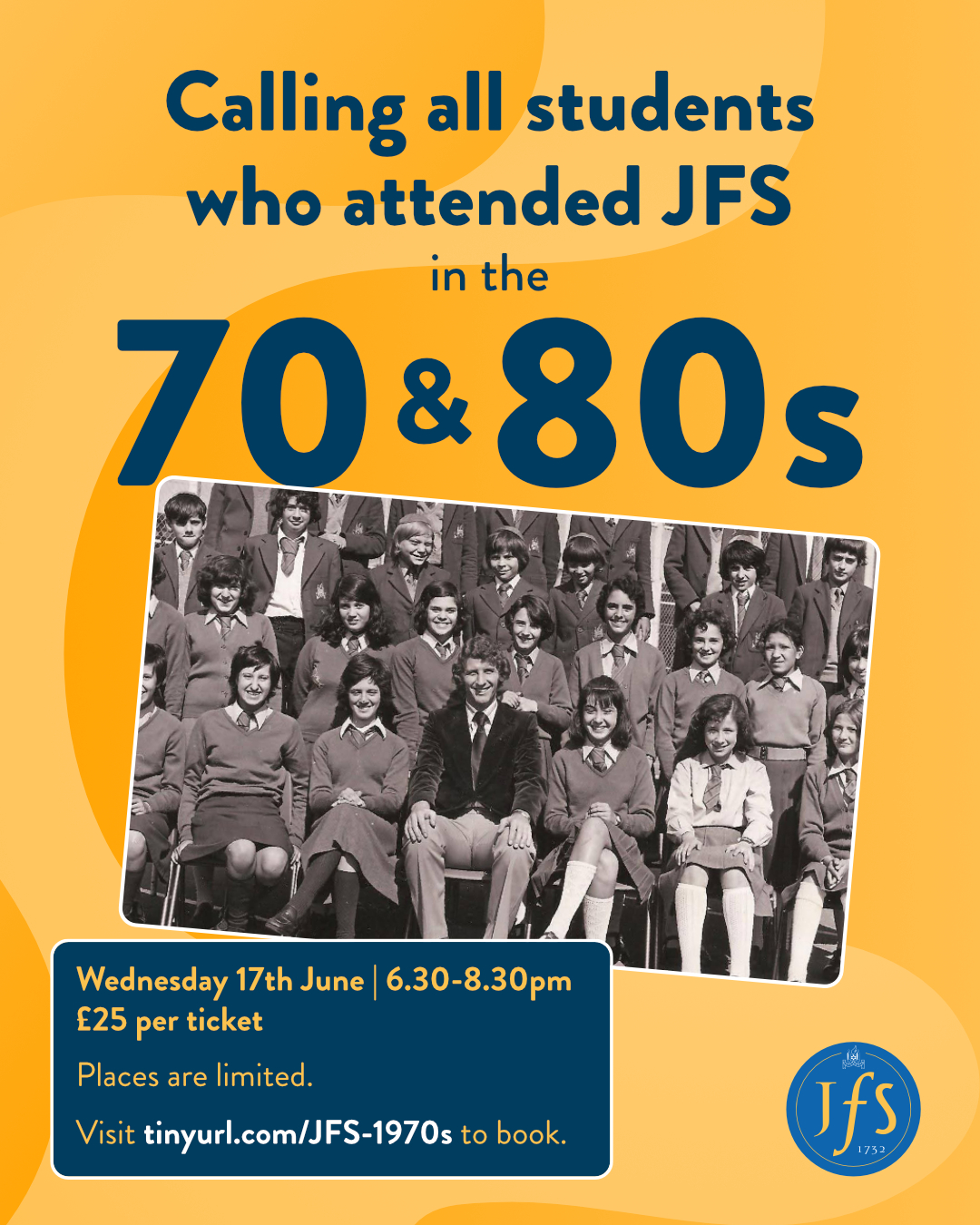 ✨ Calling all JFS alumni from the 1970s and 1980s! ✨
Get ready to take a trip down memory lane at our 1970s and 1980s Reunion happening on Wednesday 17 June 2026! 🎉
Reconnect with old friends, relive unforgettable moments, and celebrate the incredible journey you started together.
🎟️ Don’t miss out — book your spot now! https://f.mtr.cool/wxdyrtroyh
#JFS #JFS1732 #reunion #JFSalumni