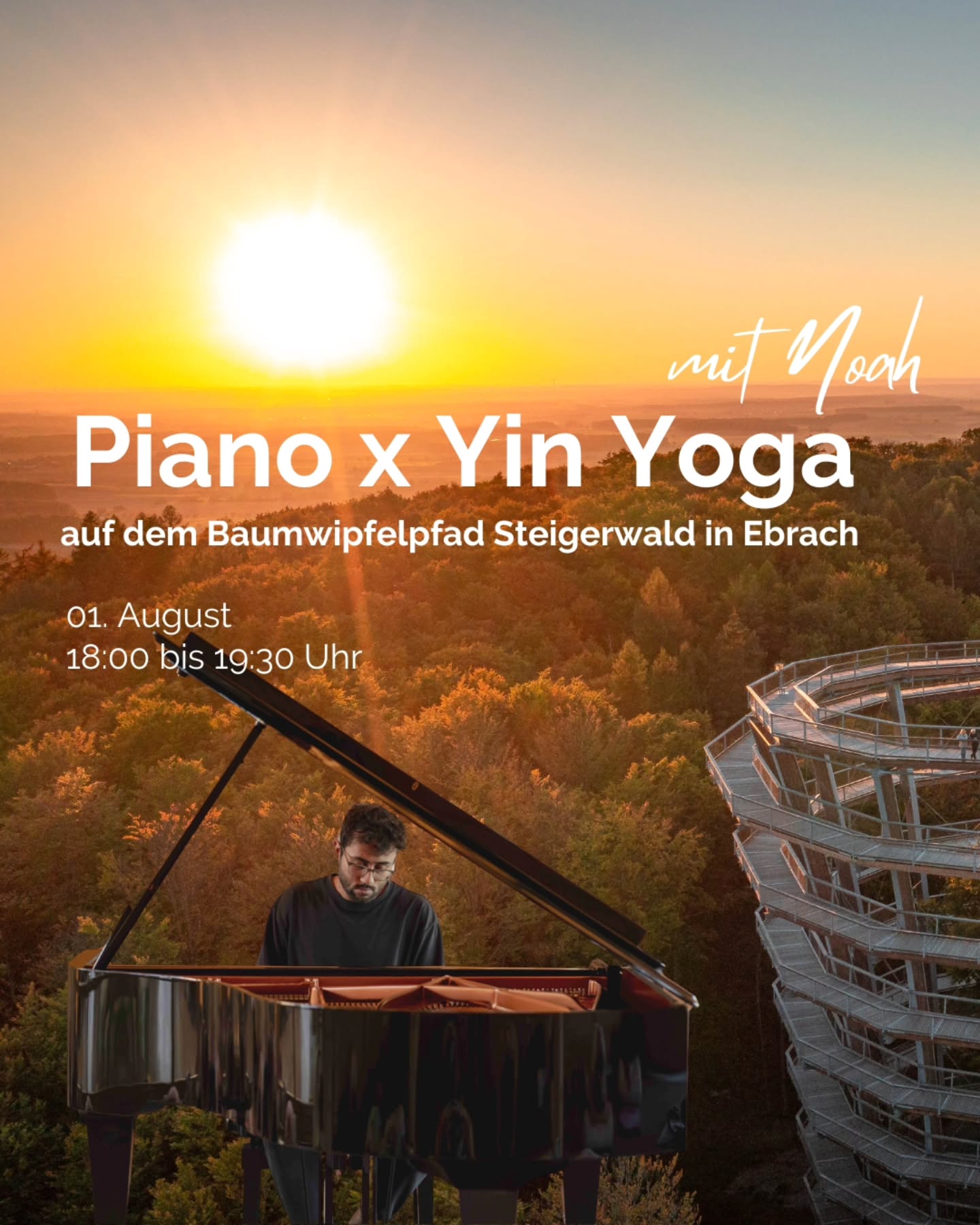 Manche Abende fühlen sich an wie eine kleine Pause vom Alltag.
Dieser gehört dazu. ✨️
Hoch über den Wipfeln des Steigerwalds erwartet dich ein besonderer Abend mit sanftem Yin Yoga, live gespielten Piano-Klängen von @noah.frehmann und einer Naturkulisse, die dich sofort zur Ruhe kommen lässt.
Wir verbinden meditative Yin-Yoga-Haltungen mit gefühlvoller Piano-Musik und schaffen Raum zum Entschleunigen, Ankommen und Durchatmen.
Dich erwartet:
✨ Live Piano voller Gefühl & Präsenz
✨ Sanftes Yin Yoga für alle Level
✨ Eine besondere Auszeit an einem besonderen Ort
Ein Abend für dich, deinen Körper und dein inneres Gleichgewicht.
Sichere dir schnell deinen Platz über eversports 🌿
#pianoyoga #yinyoga #baumwipfelpfadsteigerwald #yogaimsteigerwald #yogabamberg