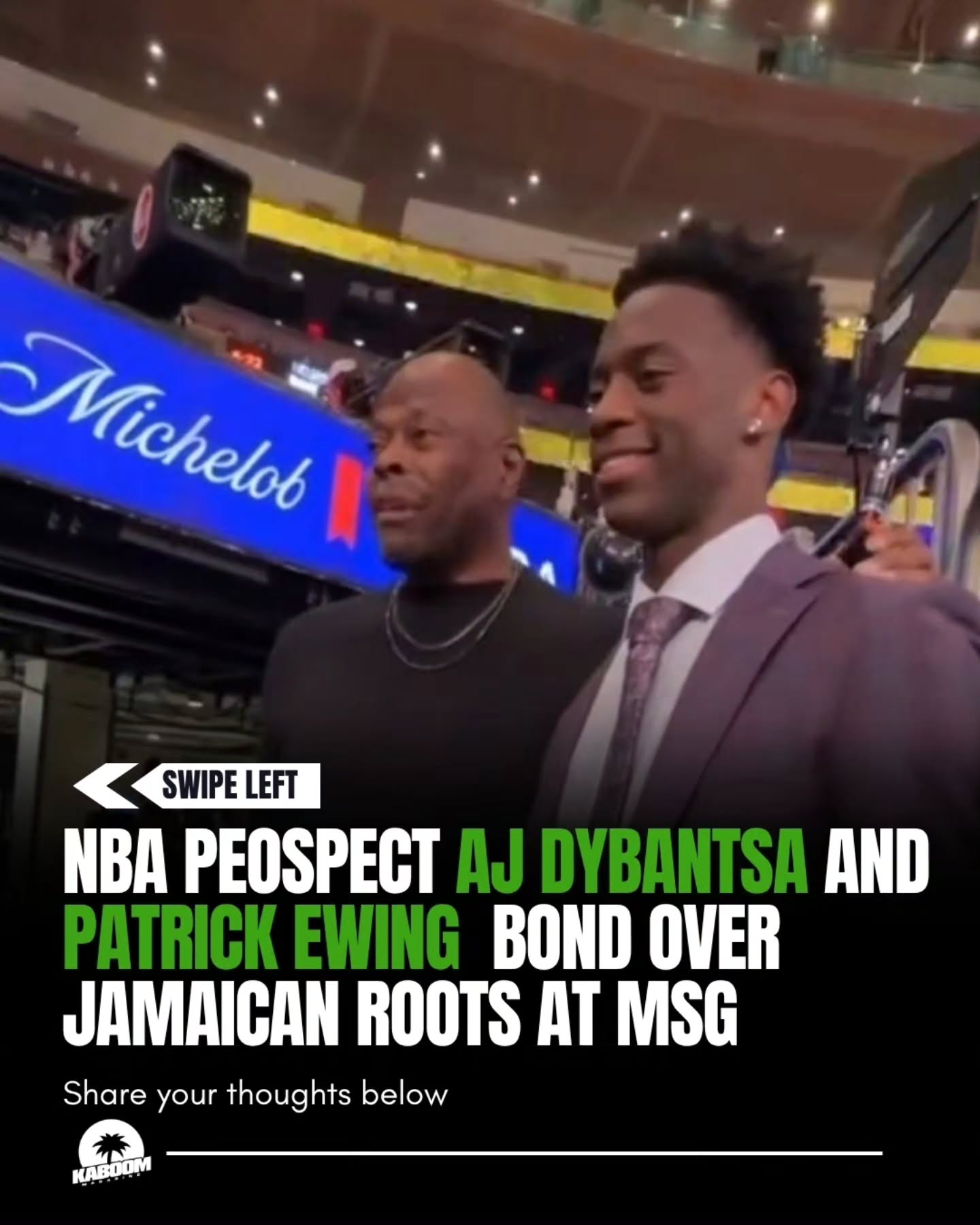 It's a Jamaican thing 🇯🇲 Projected No. 1 overall pick in the 2026 NBA Draft, AJ Dybantsa, was spotted courtside at Madison Square Garden for Game 4 of the NBA Finals, where he shared a special Jamaican moment with Patrick Ewing.
The two exchanged words in patois as the Knicks icon proudly embraced their shared Jamaican roots before pointing at the young star and calling him “the future.”
Dybantsa, whose mother is of Jamaican heritage, is widely projected to be selected No. 1 overall by the Washington Wizards in the upcoming 2026
📽 @nbafuturestartsnow
#KaboomMag #Kaboom