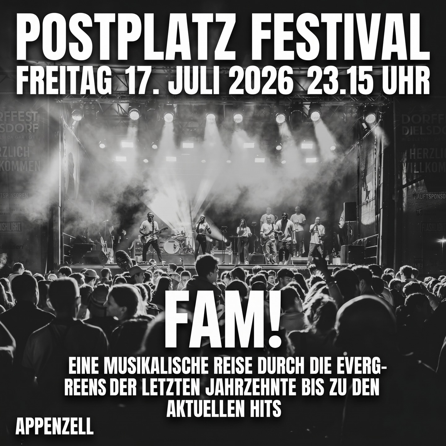 Live aus dem Zürcher Oberland dürfen wir die Partyband FAM! begrüssen 🎶🎊🎉 Es freut uns, dass ihr das Finale am Freitag spielt 🚨🎸🔥
#postplatzfestival #appenzell #openair #liveact