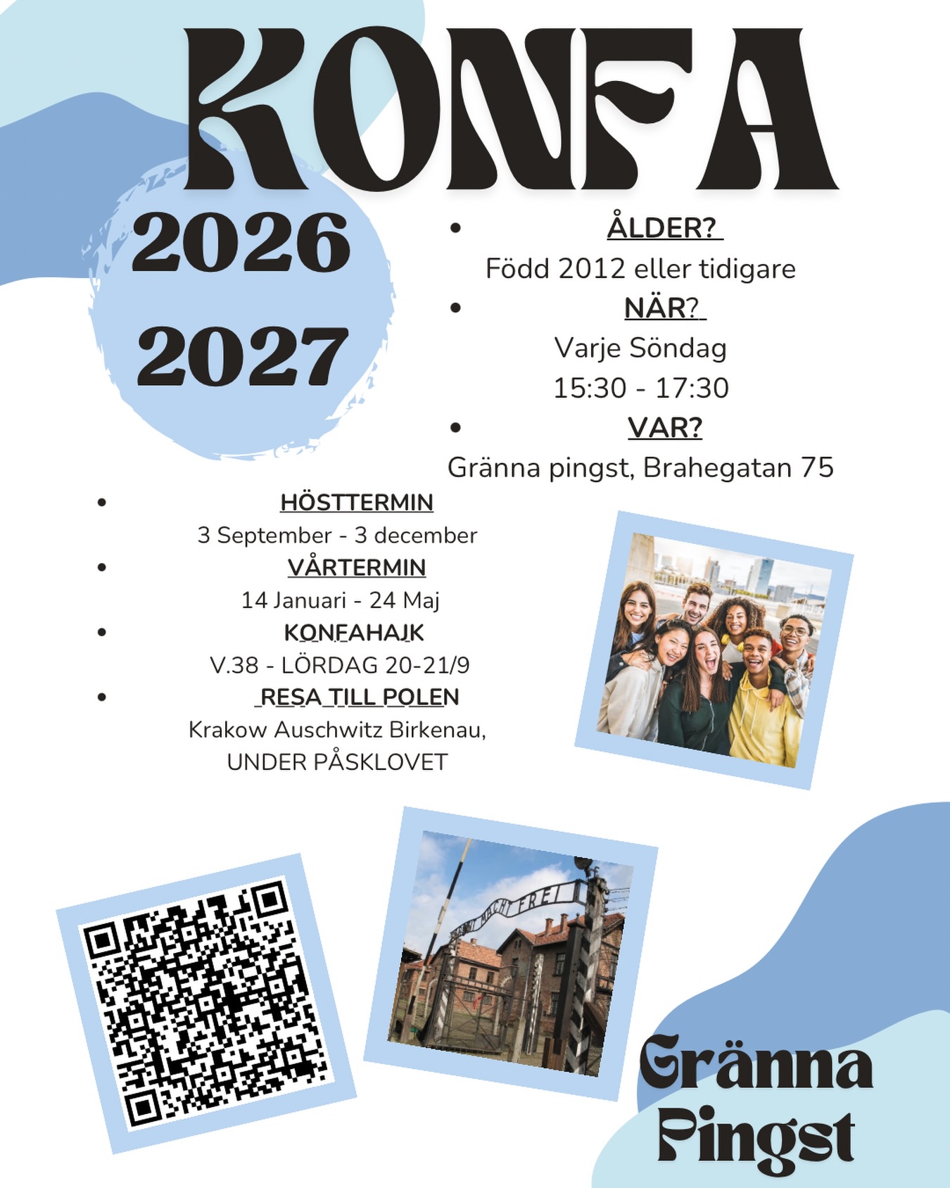 Vardagens höjdpunkt!!🤩 Ni har väl inte missat KONFAN som startar i höst? För dig som ska börjar 8:an eller är född tidigare än 2012. Det är inte försent att anmäla sig!!! Länk i bion till anmälning eller på Gränna Pingst hemsida!!
Har du frågor om Konfan, hör av er till Marina Andersson) eller här på DM så svarar vi!! 🔥🥳