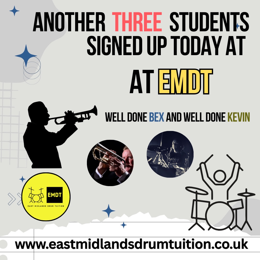 A big well done today for @bexsbeats and @kevin.cunningham.714 another three students signed up today for lessons at EMDT. Such great feedback on the trial lessons that both students had signed up before they left.
We are building such a lovely community at EMDT.
Book your free 30 minute trial lesson in:
🥁drums
🎸guitar
🎺trumpet
🎹 piano/ keyboard
🎵singing and flute
#eastmidlandsdrumtuition
#eastleake
#musiceducation
#drums
#guitar