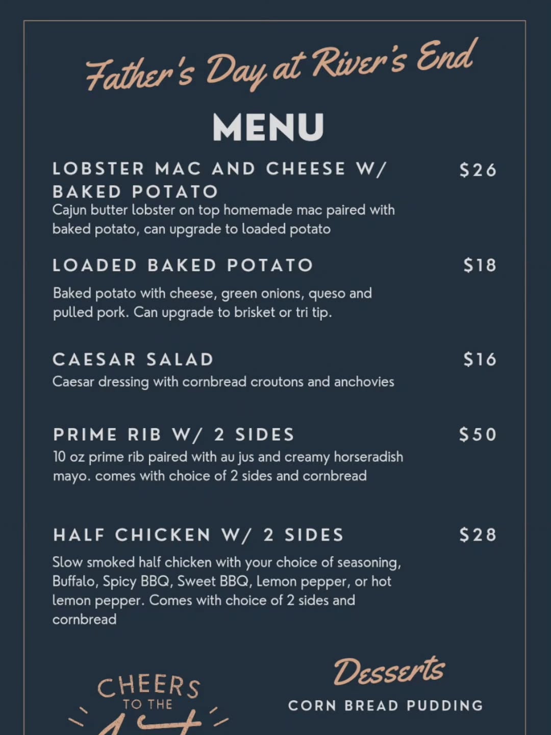 Our carefully created Fathers day menu. Reservations are recommended. Treat dad with an amazing smoked meal. Robert heft band is playing 1 to 5 pm.