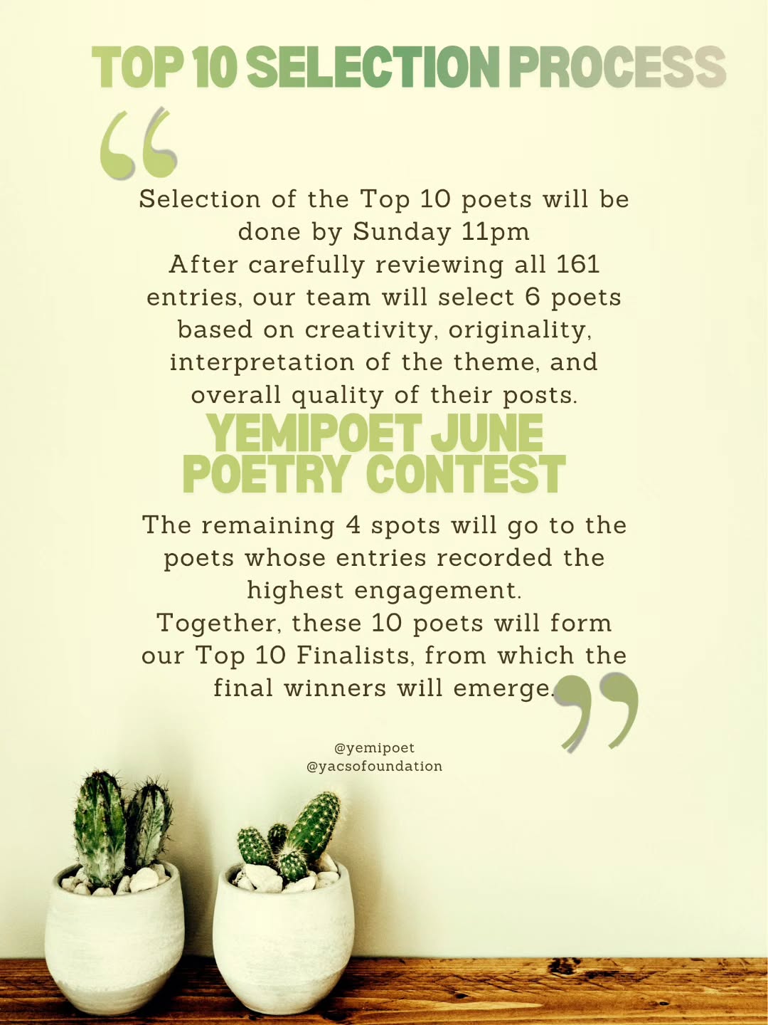 Top 10 Poets will be announced on Monday!
Whether you make the Top 10 or not, remember that you've already won something valuable, an identity poem.
This contest gave you the opportunity to pause, reflect, and capture who you are in words. Keep that poem. Revisit it. Watch how your story unfolds.
Embrace who you are, grow where you need to, and never stop becoming.
Every poet should have an identity poem.
#yemipoet #yacsofoundation #poetrycontest #whoami #acrosticpoem