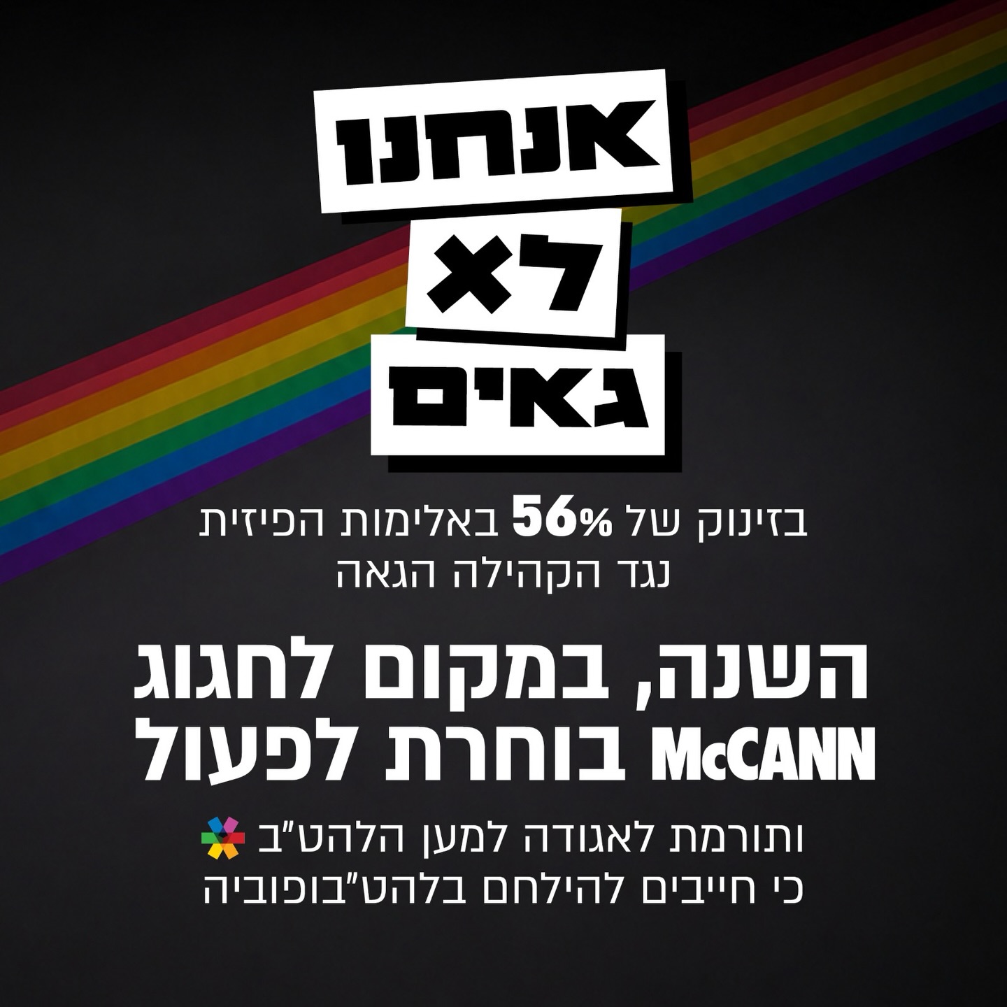 אנחנו רוצות לומר תודה לחברים.ות שלנו במקאן תל אביב על שבחרו לשים השנה זרקור על הנתונים המטרידים שמעלה דו״ח הלהט״בופוביה אשר מראים שעוד יש לנו דרך ארוכה עד שנוכל לחיות בבטחון, שוויון וכבוד, ולתרום למרכז הדיווח של האגודה המתעד פשעי שנאה ותומך בנפגעים.ות.
קראו מה כתב עידו רוזנבליט, סמנכ״ל אסטרטגיה במקאן תל אביב, על ההחלטה:
״כבכל שנה, כשחודש יוני התקרב התחילו הדיונים במקאן כיצד לציין את אירועי הגאווה.
מבחינתי, למרבה הצער “אירועי הגאווה” המשמעותיים ביותר עבור הקהילה השנה היו רחוקים מלהיות משהו להתגאות בו. דו״ח הלהט״בופוביה השנתי של האגודה למען הלהטב בישראל חשף תמונה קיצונית ומדאיגה מאי-פעם:
תקיפה פיזית מדווחת על רקע להט״בופובי אחת לשבוע; החמרה קיצונית באלימות כלפי טרנסיות; זינוק בתופעת הלינצ׳ים והסחיטה באיומים דרך אפליקציות ההיכרויות; חוסר מענה וכלים משווע של מערכת החינוך; ועוד הרבה נתונים עגומים ומסוכנים.
אז השנה, כשהתחילו הדיונים התשובה שלנו במקאן הייתה ברורה: אנחנו ממש לא גאות ולא גאים. את תקציבי החגיגות ננתב השנה לאיפה שבאמת צריך - ואת המסר הזה נדאג שייראו השנה איפה שחשוב.״
חווית להט״בפוביה? דווח.י לנו ותקבל.י סיוע >> לינק בביו או באתר:
Lgbt.org.il/support-lgbt