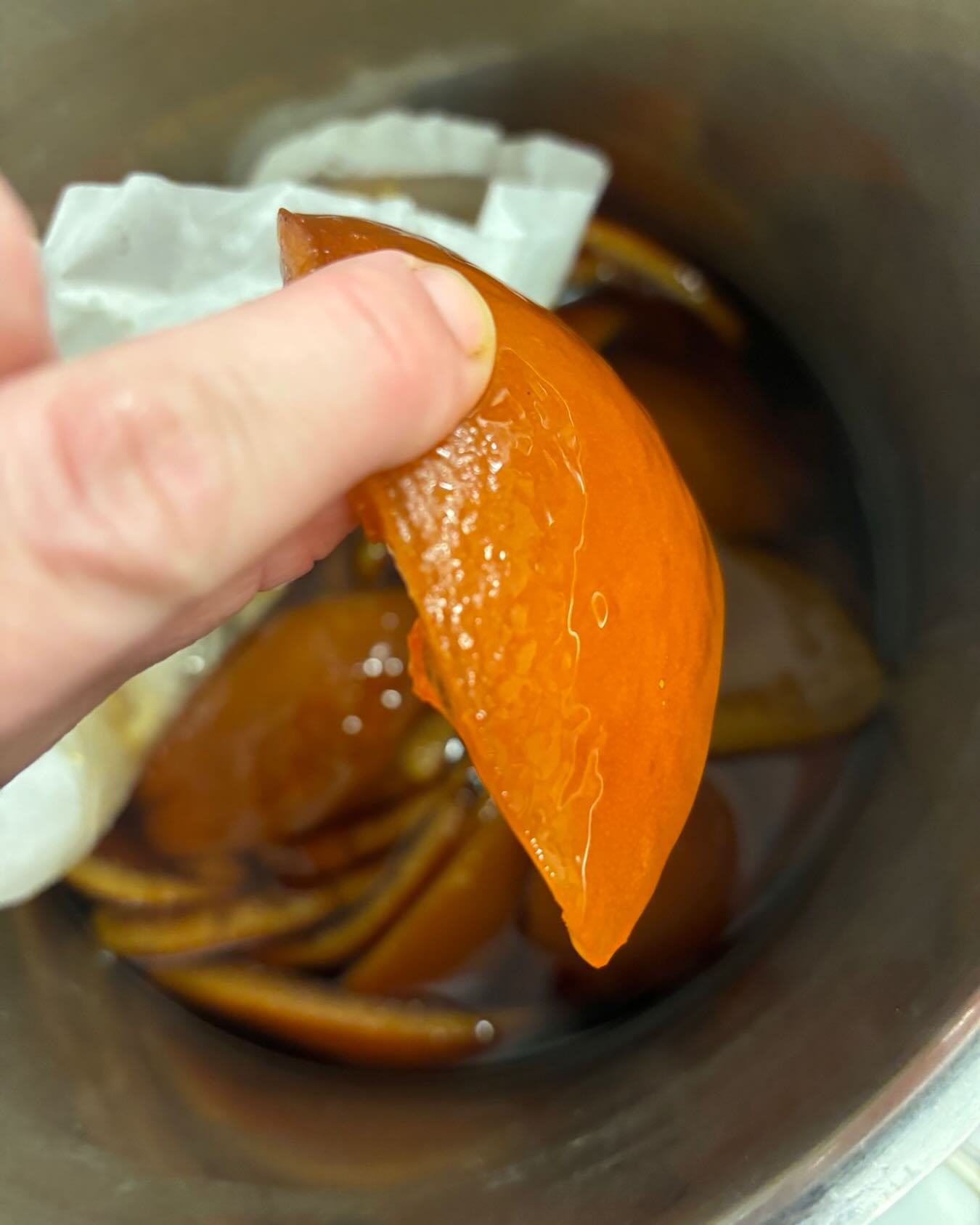 It’s that time of year when confit as much citrus as possible… it takes a few days of slow cooking to get the skins soft but still holding their colour… boxes of confit orange dipped in dark chocolate now on the shelves🍊
