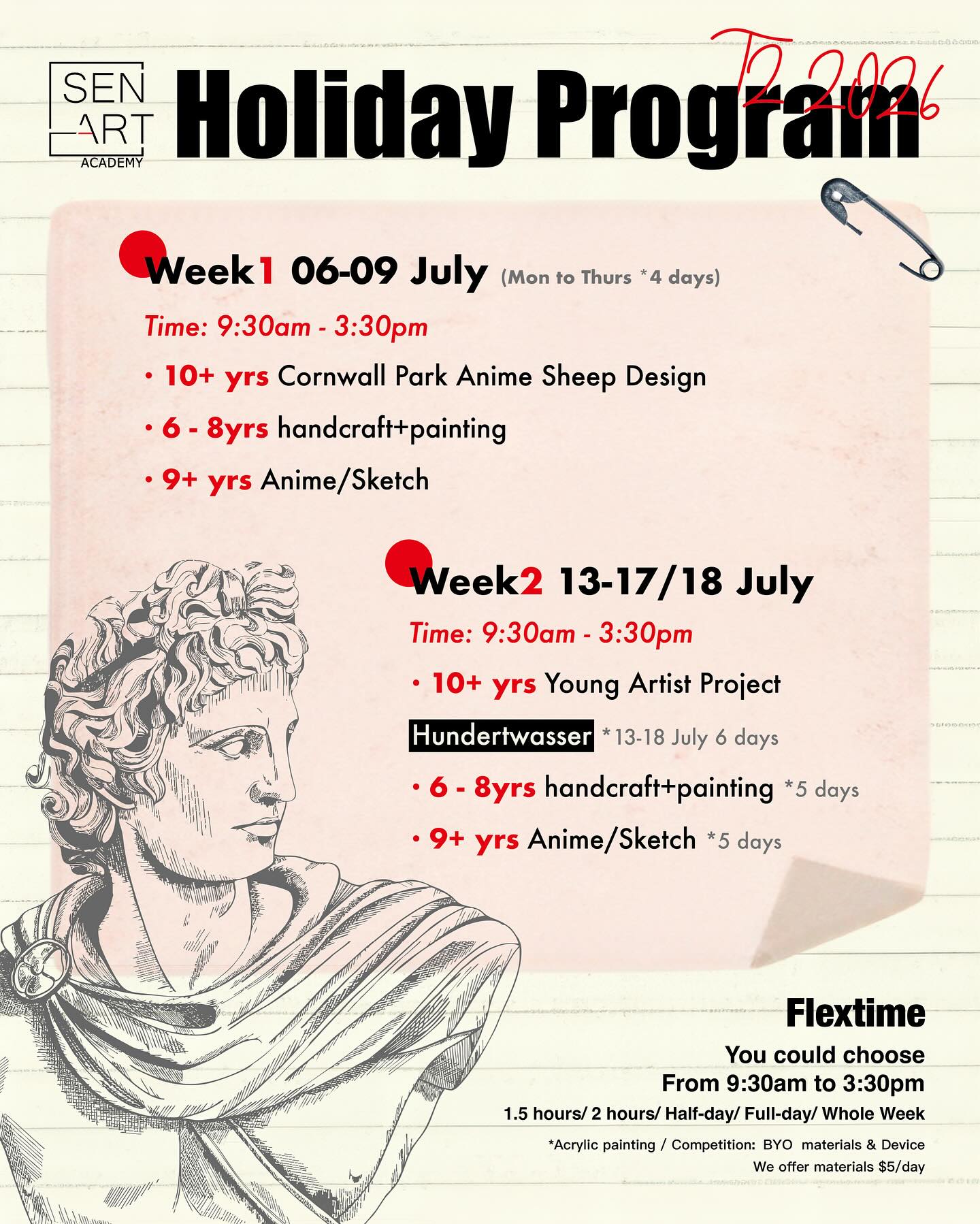 🎨✨ SEN ART Winter Holiday Program 2026
🐑 Week 1 | 6–9 July
Cornwall Park Anime Sheep Design
Handcraft & Painting • Anime & Sketch
🏛️ Week 2 | 13–18 July
Young Artist Project – Inspired by Hundertwasser
Handcraft & Painting • Anime & Sketch
📍 SEN ART Academy
🎨 Ages 6–18
✨ Flexible booking available
Limited spaces available. DM us for enrolment.
#SENART #HolidayProgram #YoungArtists #AnimeArt #Sketching #KidsArt #AucklandKids