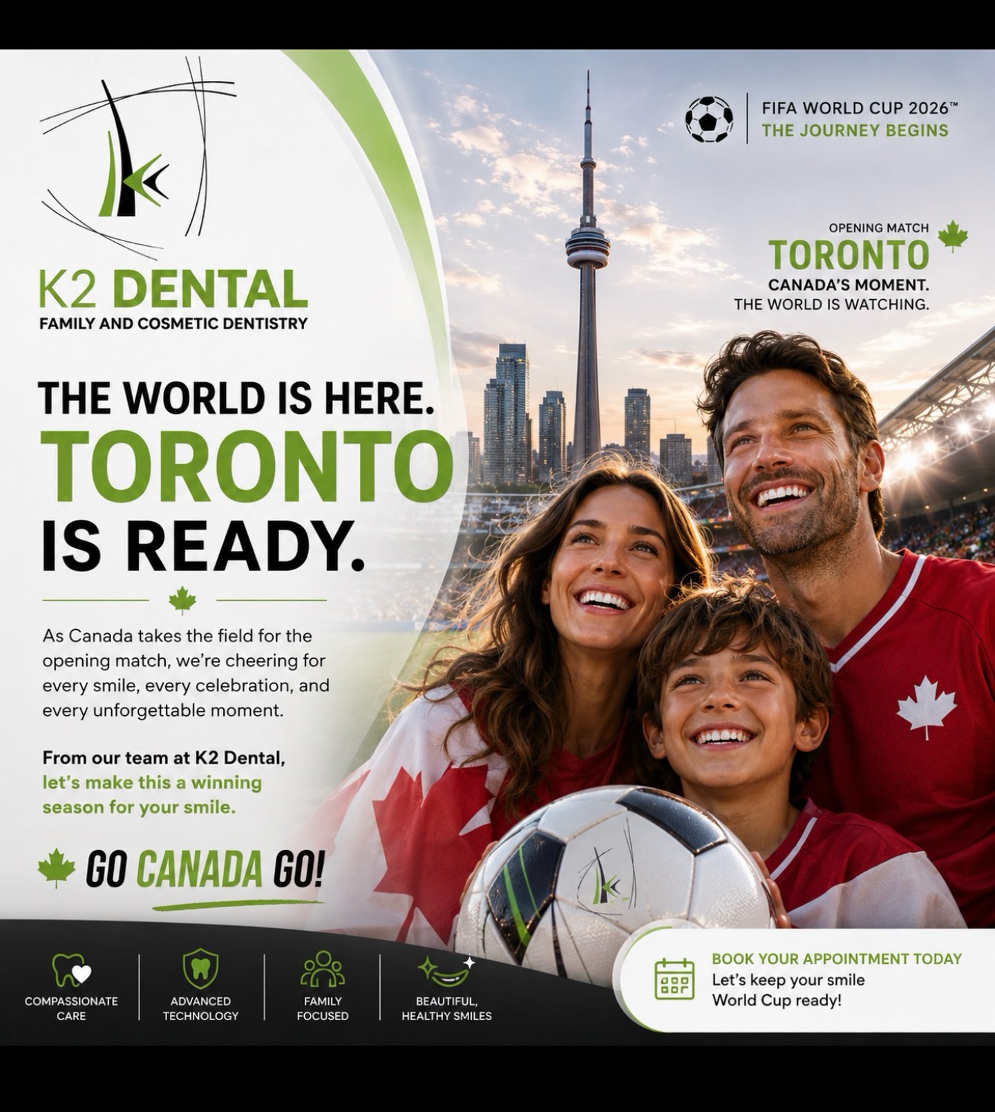 As Canada takes the field for the opening match, we’re celebrating the excitement, unity, and unforgettable moments that the World Cup brings to our city.
At K2 Dental, we believe every great celebration starts with a confident smile. Whether you’re cheering from the stadium, watching with family, or celebrating with friends, make sure your smile is game-day ready.
Let’s cheer for Canada and enjoy this historic moment together!
🍁 Go Canada Go! 🍁
📍 K2 Dental – Family & Cosmetic Dentistry
📞 Book your appointment today and keep your smile championship-ready.
#K2Dental #GoCanadaGo #WorldCup2026 #Toronto #TorontoDentist FamilyDentistry