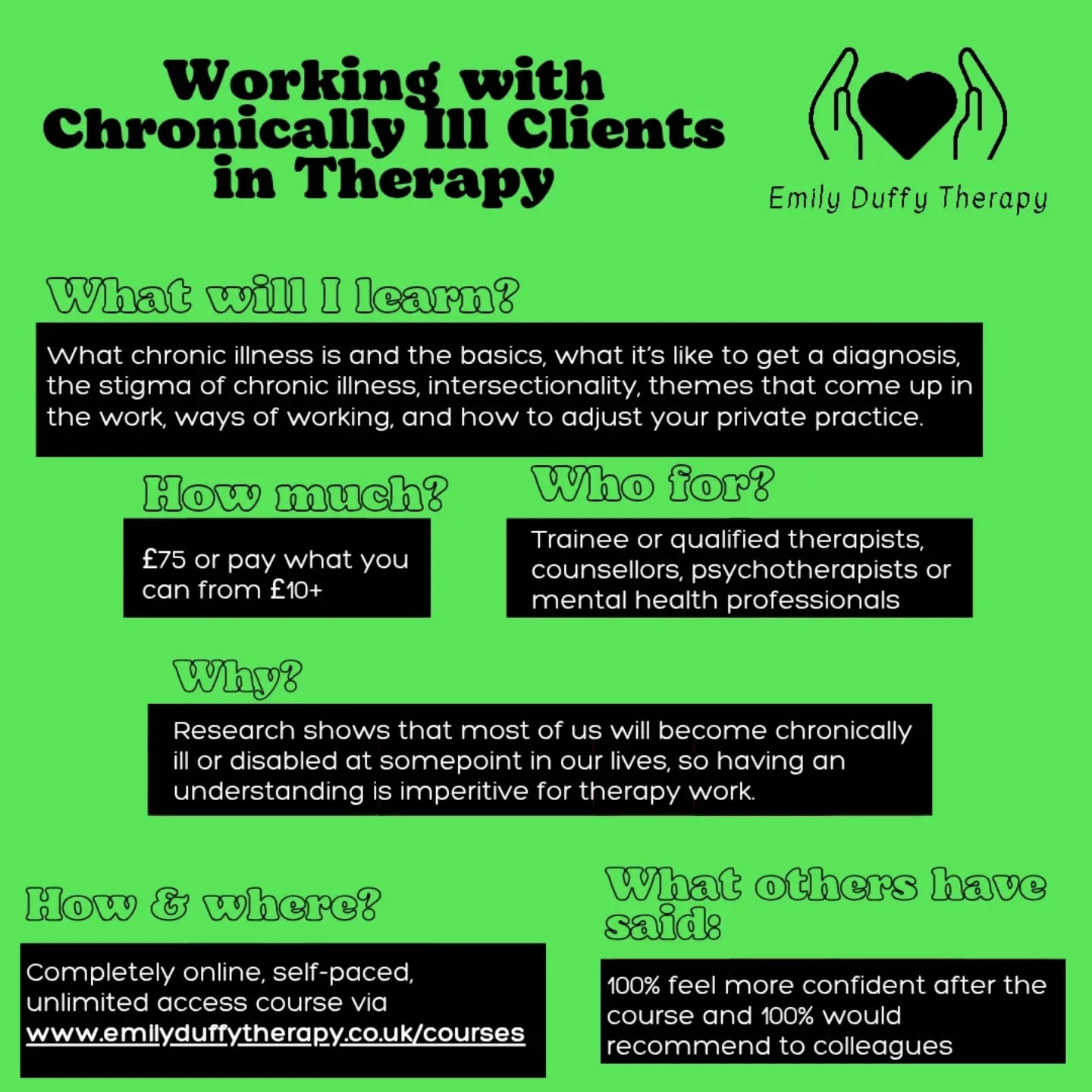 It's here!!! π₯³π₯³
My course is officially released after being reviewed and edited.
Check it out here - https://www.emilyduffytherapy.co.uk/challenge-page/chronicillnessintherapy
It covers, what chronic illness is and the basics, what itβs like to get a diagnosis, the stigma of chronic illness, intersectionality, themes that come up in the work, ways of working, and how to adjust your private practice.
It is unlimited access (for as long as I run it), self-paced, text based learning (though jave done text-to-speech audio files), and is Β£75. Though you can apply for pay what you can if you're on low income or unable to afford this price.
It equates to around 7 hours of informal CPD
π
#cpd #chronicillness #spoonie #emilyduffytherapy #spoonietherapist
