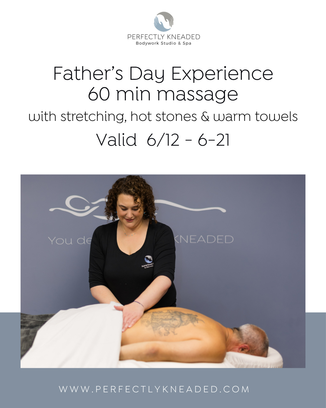 Dad deserves the gift of relaxation! 😌
NOW thru 6/21 | Gift our Father’s Day Experience: a 60-minute massage with stretching, hot stones & warm towels for $149 (reg $175)! 💙
❕Reserve individual appointments online at perfectlykneaded.com.
❕For couples' appointments — inquire with us directly 📲 201-523-1273.
❕Available online for gift certificate purchases! 💌
#perfectlykneadedmassage #perfectlykneaded #ridgewoodnj #bergencountyspa #bergencountymassage