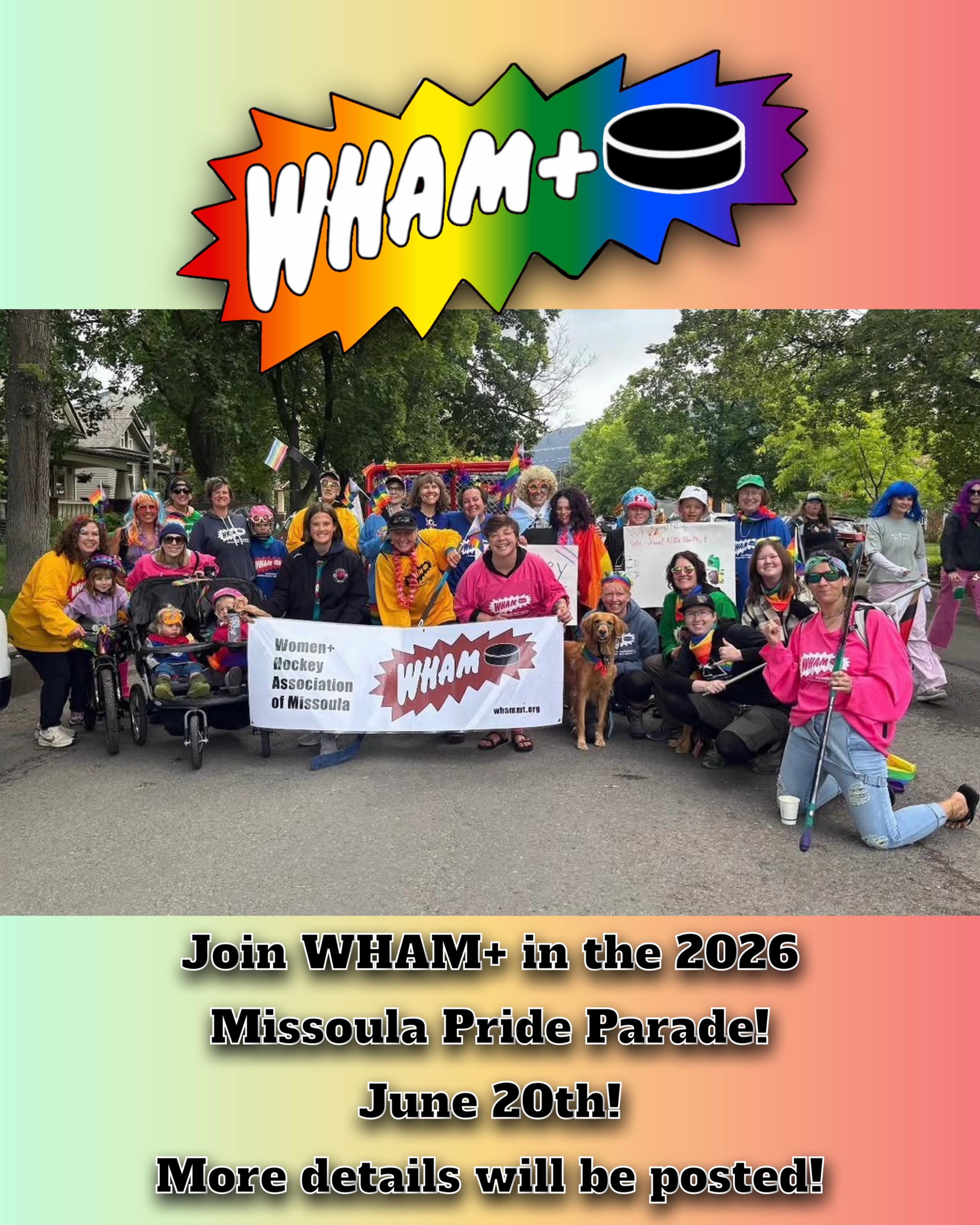 WHAM+ is in the Missoula Pride Parade next Saturday! We’ll share location and time for meetup for Whammers to join us soon!
#missoulapride #missoulaprideparade #womensplushockey #inclusivehockey