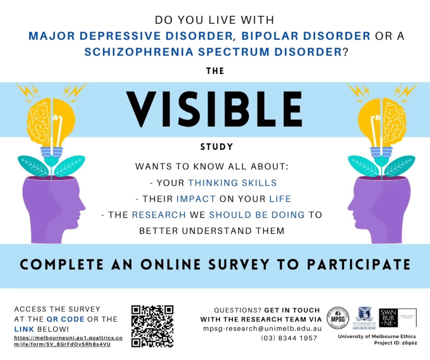 Your lived experience can help shape research!
Many people with mental health conditions experience changes or challenges with memory, focus, planning, and problem-solving.
The VISIBLE Study from The University of Melbourne (@unimelb) wants to better understand these experiences from people living with major depressive disorder, bipolar disorder, or schizophrenia spectrum disorders.
This anonymous online survey asks about thinking skills, how they affect everyday life, and what kinds of research should be done next.
The survey takes about 35 minutes and is open to adults 18+. Participation is voluntary and unpaid.
Scan the QR code on the flyer to learn more or take part.
Note: Kaleidoscope is sharing this as an external research opportunity. Please review the study information carefully and decide whether participation feels right for you.