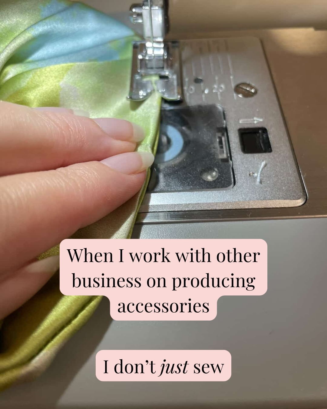 When I work with other business on producing accessories
I don’t just sew
I help work out scale and placement for pattern
I spot any pattern design issues and can usually fix them before printing
I work to get the most out of each meter of silk to keep your waste down
I sample new sizes or products
I create content every step of the way to support product launches
To help you bring your designs to life
From custom printed silk scrunchies for sports clubs to small batch accessory production to add to goodie bags, I love working on your pieces!
Image description- 1. A close up of a hand sewing some silk printed with a green and blue floral design
2. A folded paper print out of a green and blue floral design
3. 5 different green and blue threads on top of green and blue floral printed silk
4. A folded piece of grey, blue and green striped silk with a mini scrunchie paper pattern pinned to it
5. A cream jersey hair turban sample on a mannequin head
6. A close up of a hand sewing some navy blue silk on a sewing machine
7. A green and blue floral silk headscarf with green satin ribbon ties and matching silk scrunchie on a pale pink silk background
8. A silk headband and scrunchie with Watford football club logo design