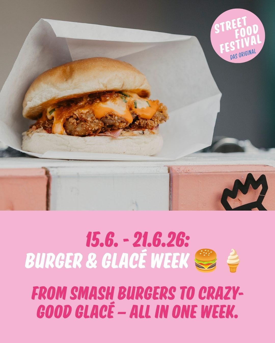 🍔🍦 Burger & Glacé Week am Street Food Festival
Eine Woche lang dreht sich alles um saftige Burger, kreative Glacé-Kreationen und die wichtigste Frage des Sommers:
Team Burger oder Team Glacé?
Von Smash Burgers über japanische Burger bis zu veganen Kreationen. Von hausgemachten über klassischen Sorten bis hin zu verrückten Glacé-Kombinationen.
Hol dir an den teilnehmenden Ständen einen Sticker und stimme am Battleboard bei der grossen Bar für deinen Favoriten ab.
📅 15.6. – 21.6.2026
📍 Street Food Festival Zürich
. . .
🍔🍦 Burger & Ice Cream Week at Street Food Festival
One week dedicated to juicy burgers, creative ice cream creations and the most important question of the summer:
Team Burger or Team Ice Cream?
From smash burgers and Japanese-style burgers to vegan creations. From classic scoops to wild flavour combinations.
Grab a sticker at the participating stands and cast your vote on the battle board for your favourite.
📅 June 15–21, 2026
📍 Street Food Festival Zurich