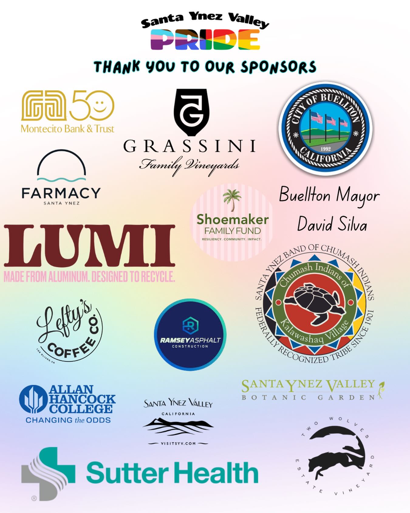 We had to update our sponsor list because the love for SYV Pride just kept growing! 🥳🩷
The outpouring of support from across the Santa Ynez Valley has been incredible, and this event simply wouldn’t happen without these amazing sponsors.
Every logo on this graphic represents a business, organization, or community member helping make Pride bigger, brighter, and more inclusive for everyone.
Thank you for supporting SYV Pride in our continued effort to make meaningful and inclusive events happen for our amazing community.
We are feeling the love! 🌈✨