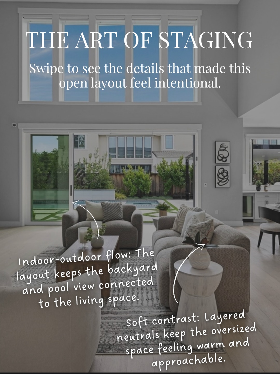 Tall ceilings change how a room has to be staged.
This open-concept layout had double-height windows, a long sightline to the patio, and a kitchen and dining area sharing the same floor. Empty, all of that volume reads as overwhelming. The eye has nowhere to land.
We anchored the center of the room first. A patterned rug to define the living zone inside the open plan. Curved seating sized for the ceiling height, not the footprint. A low coffee table and side tables so the path to the patio stayed open from every seat.
The art stayed quiet on purpose. Long walls in a room like this don’t need more visual weight. They need something that holds its place without pulling focus from the windows or the kitchen beyond.
The result is a room that finally has a center.
Have a high-ceiling listing coming up? DM us.