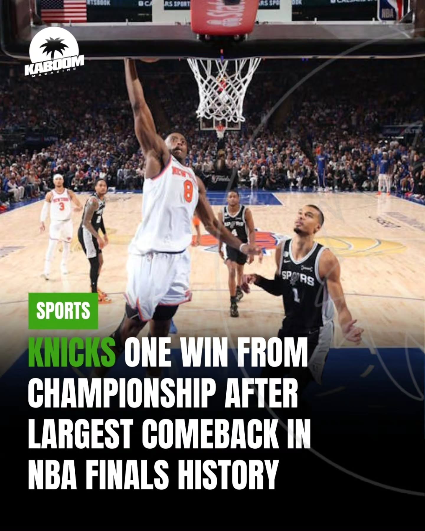 The New York Knicks are now just one win away from capturing their first NBA championship since 1973.
In the greatest comeback in NBA Finals history, the resilient #Knicks erased a stunning 29-point deficit to defeat the San Antonio Spurs 107–106 on Wednesday night at Madison Square Garden, taking a commanding 3–1 lead in the 2026 NBA Finals.
Game 4 initially appeared to belong to the Spurs, who were led by 22-year-old French superstar Victor Wembanyama as San Antonio built a massive early advantage.
With celebrities including Taylor Swift and Adam Sandler among the stars inside Madison Square Garden, the Knicks slowly fought their way back possession by possession behind the leadership of Jalen Brunson and OG Anunoby.
The British forward eventually completed the stunning turnaround, tipping in a rebound with just 1.2 seconds remaining to give New York the lead at the end of one of the most remarkable second-half performances in NBA Finals history.
📽 @eduardo_vhmx
#NBA #Kaboom #KaboomMag