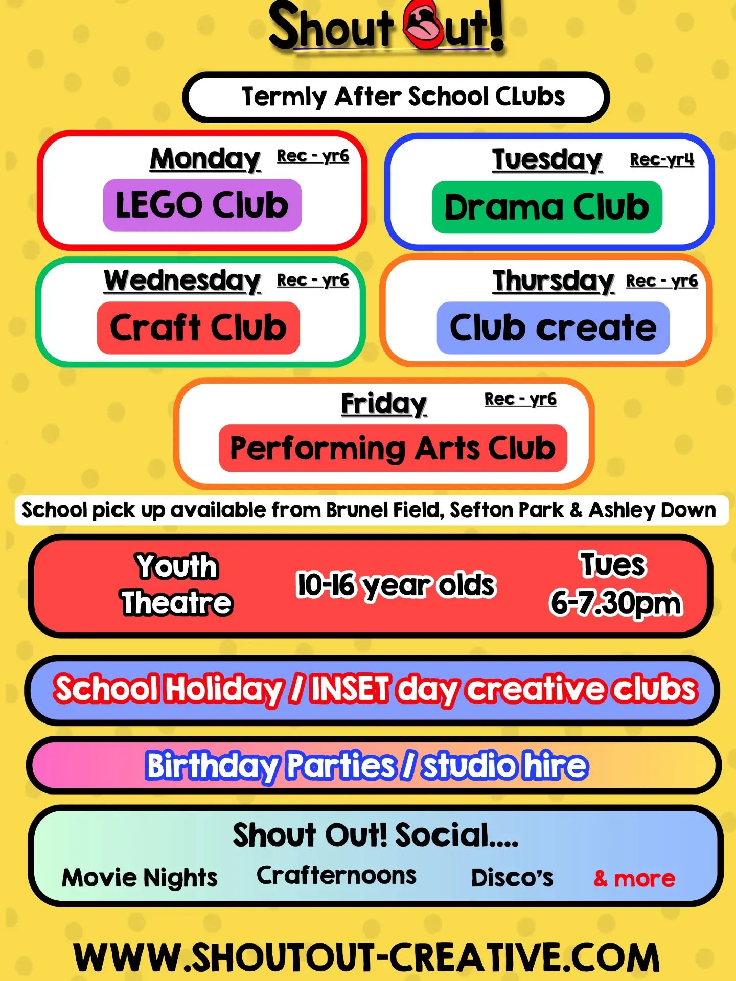 Have you sorted your after school clubs for September?
Our clubs are almost full everyday, so if you require a place run to the website and get booked!
We're not just an after school club, we're a fun, safe, encouraging and creative space where children can grow, learn and thrive!
With an excellent reputation and super friendly staff, you and your child will LOVE shout out!
www.shoutout-creative.com