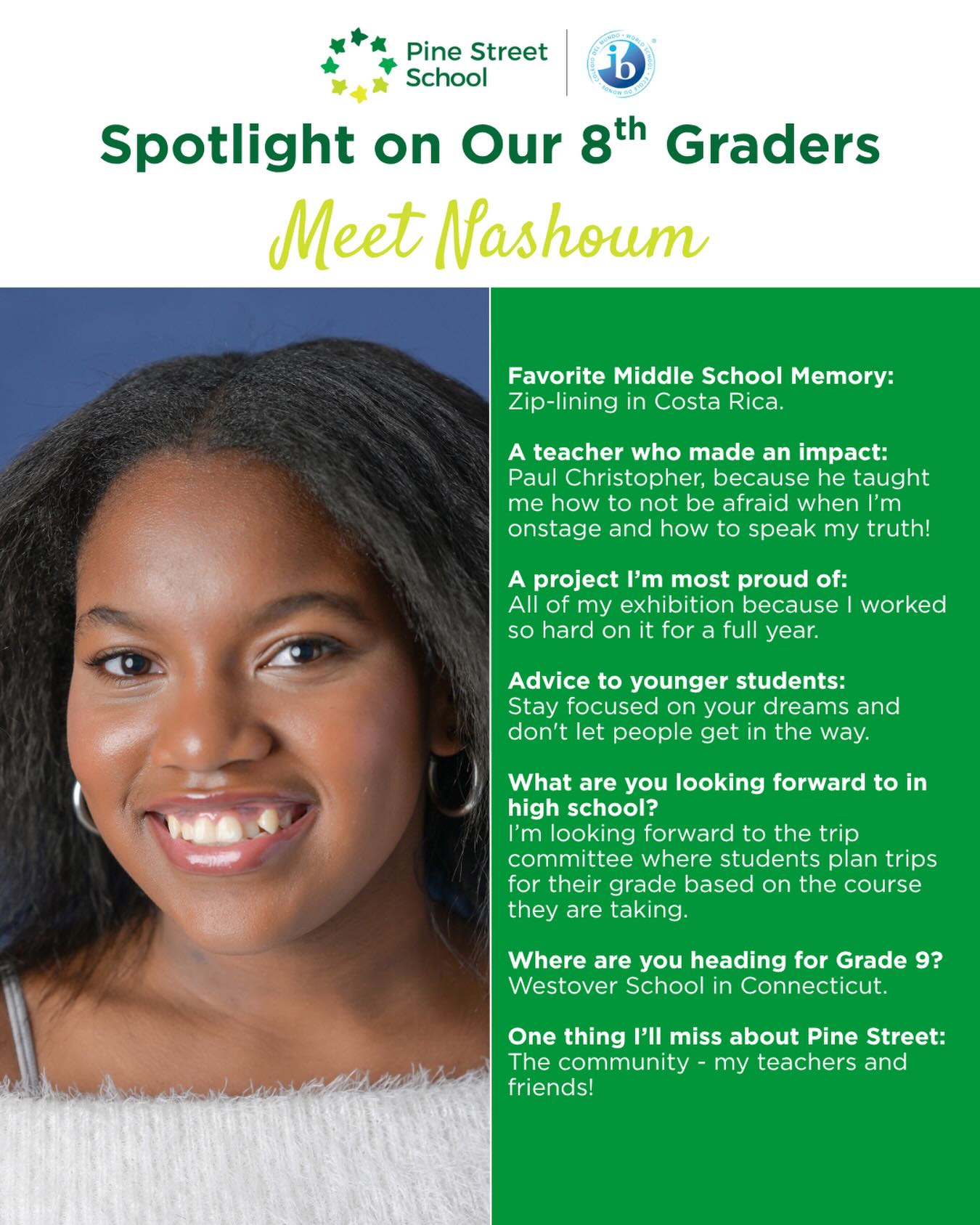 “He taught me how to not be afraid when I’m onstage and how to speak my truth.” - That’s the Pine Street difference, and that’s Nashoum 🌟
Heading to Westover School in Connecticut - we are so proud of you! 🎉
#PineStreetSchool #Classof2026 #MiddleSchoolGrad